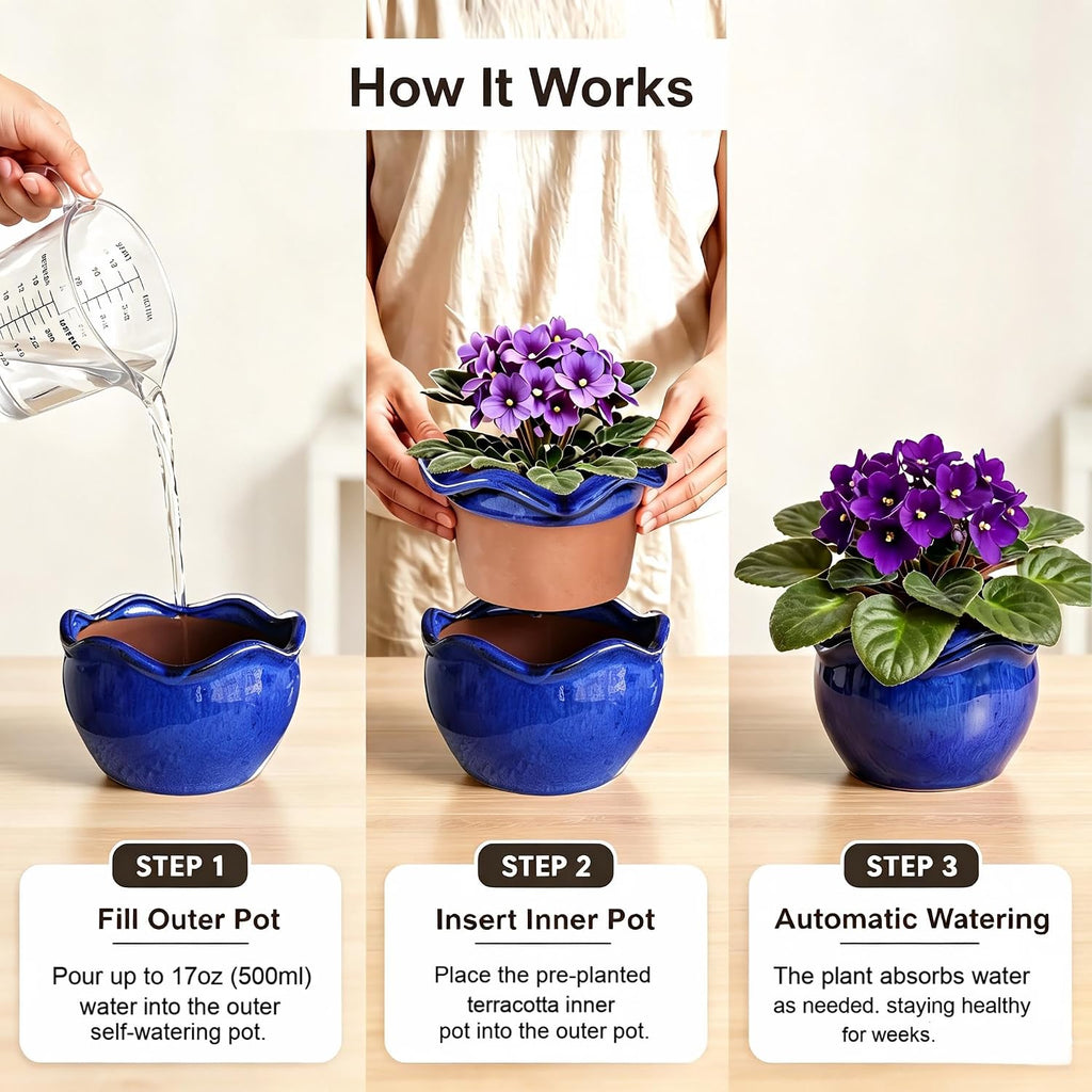 Ceramic Self-Watering African Violet Pots for Indoor Plants | 6.5 inch, Falling Blue, reactive glaze, self-watering