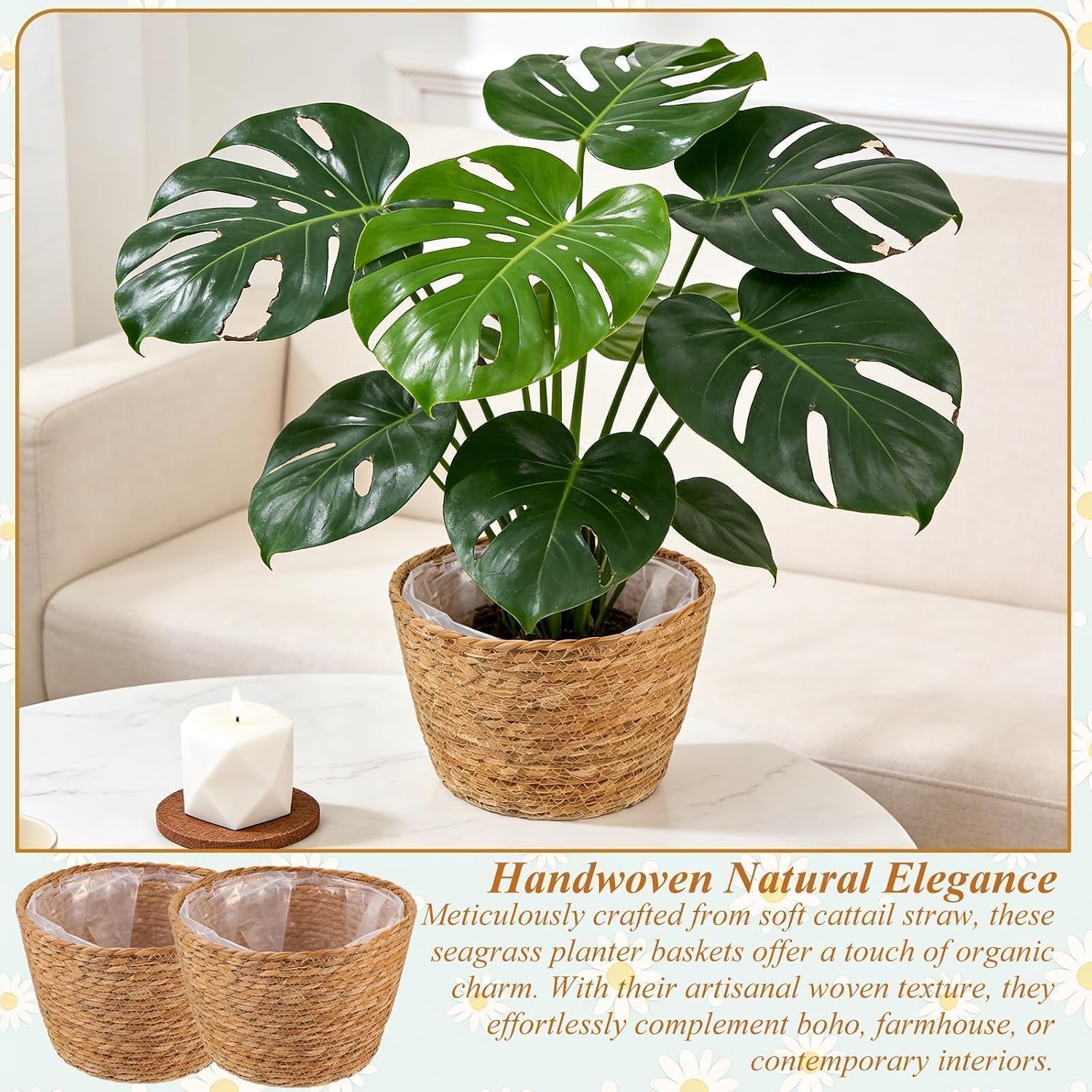 2PCS Seagrass Plant Basket for Indoor and Outdoor,Wicker Planter Basket with Liner for 6 inch Pot,Indoor Plant Pot