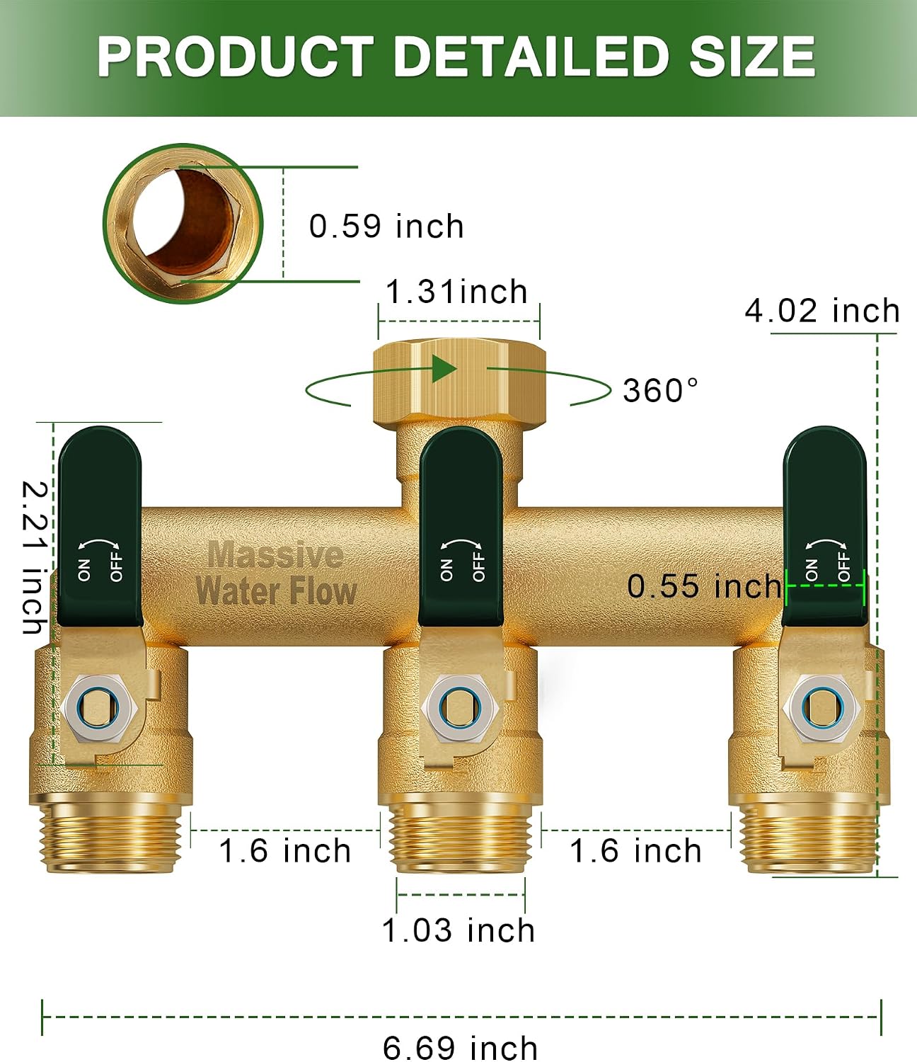 3 Way Hose Splitter, Heavy Duty Full Flow Garden Water Hose Bib Spigot Splitter, Brass Rust and Freeze Resistant