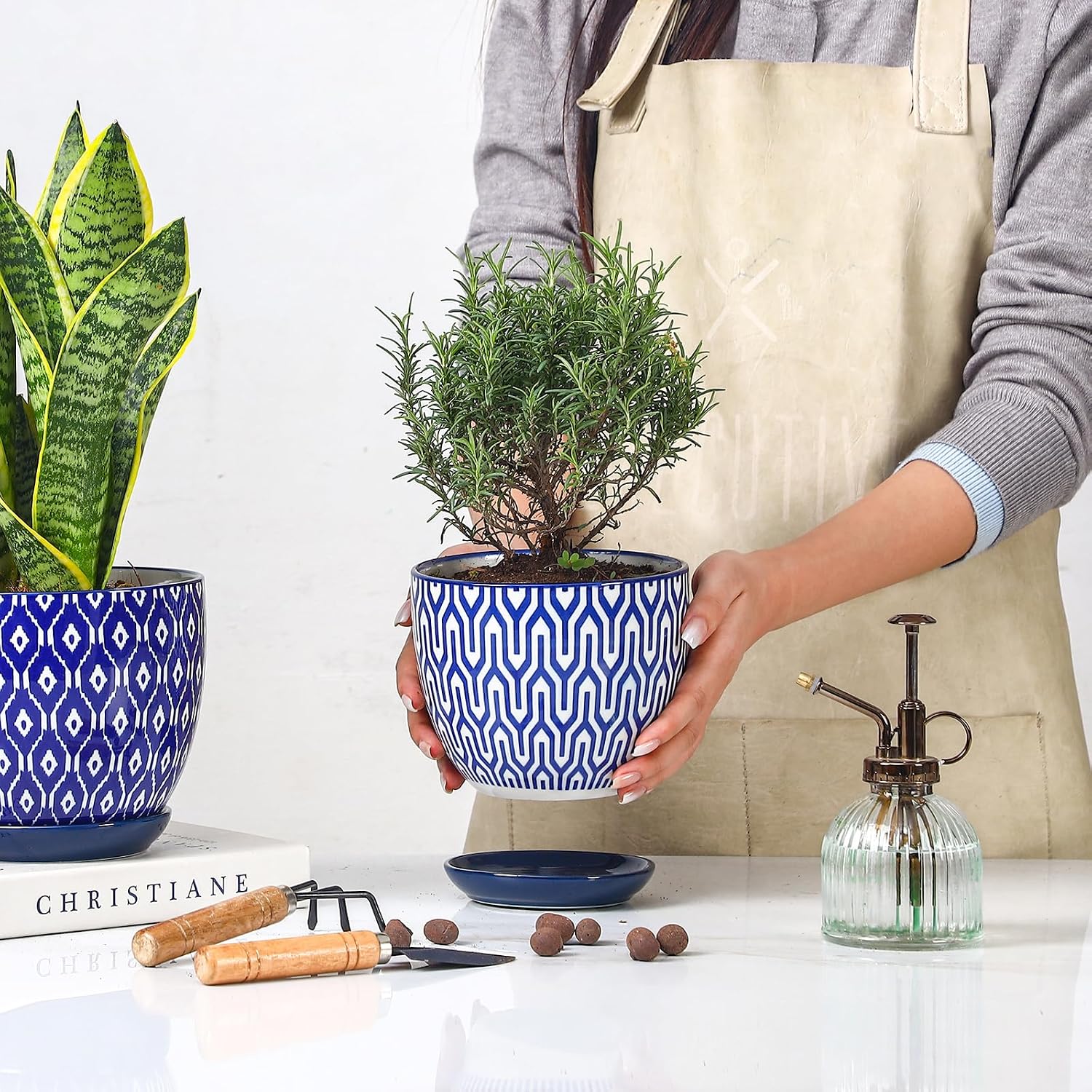 Selamica Ceramic Plant Pots, 4.6+5.6+6.5 Inch Planters with Drainage Holes & Saucer, Flower Pots for Indoor Plants