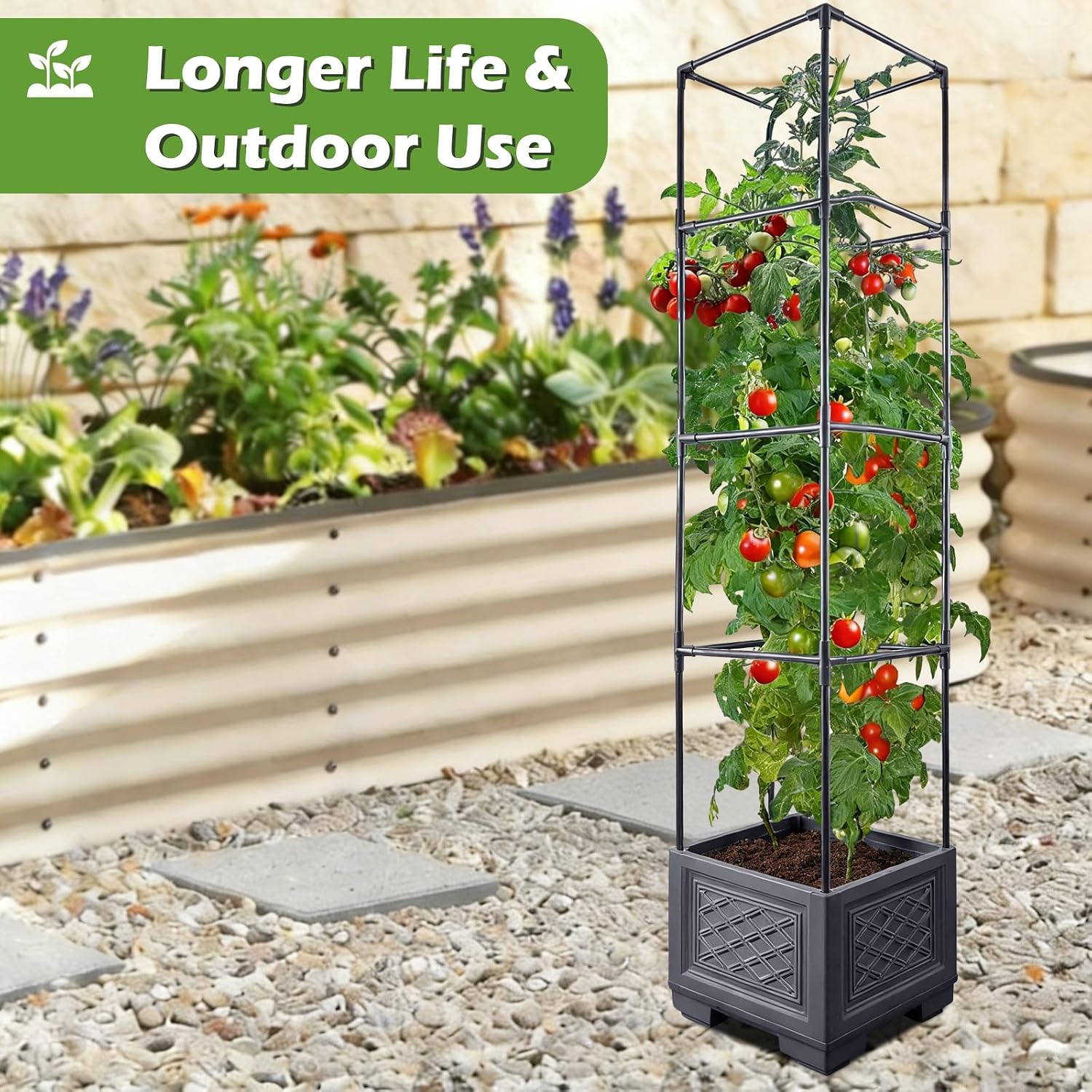 55 Inch Raised Garden Bed with Trellis, Self-Watering Tomato Planter Box with Hidden Rolling Wheels, Vertical Plant
