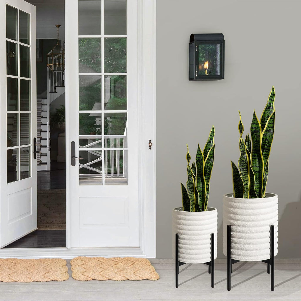 Oakrain Planters with Stand Set of 2 Decorative Indoor Outdoor Plants Pots | Mid-Century Modern Metal Flower Planer