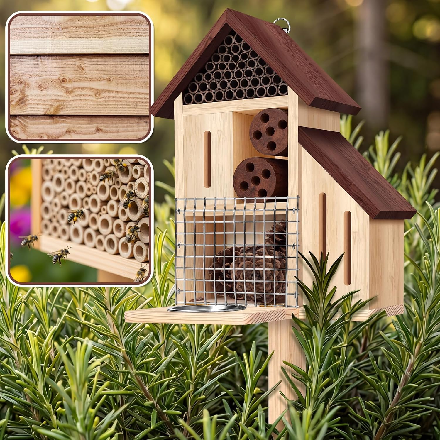 Wooden Insect Hotel Bee Ladybugs Butterfly House Large Natural Mason Bee Lady Bug Hotel with Stake and Feeder for