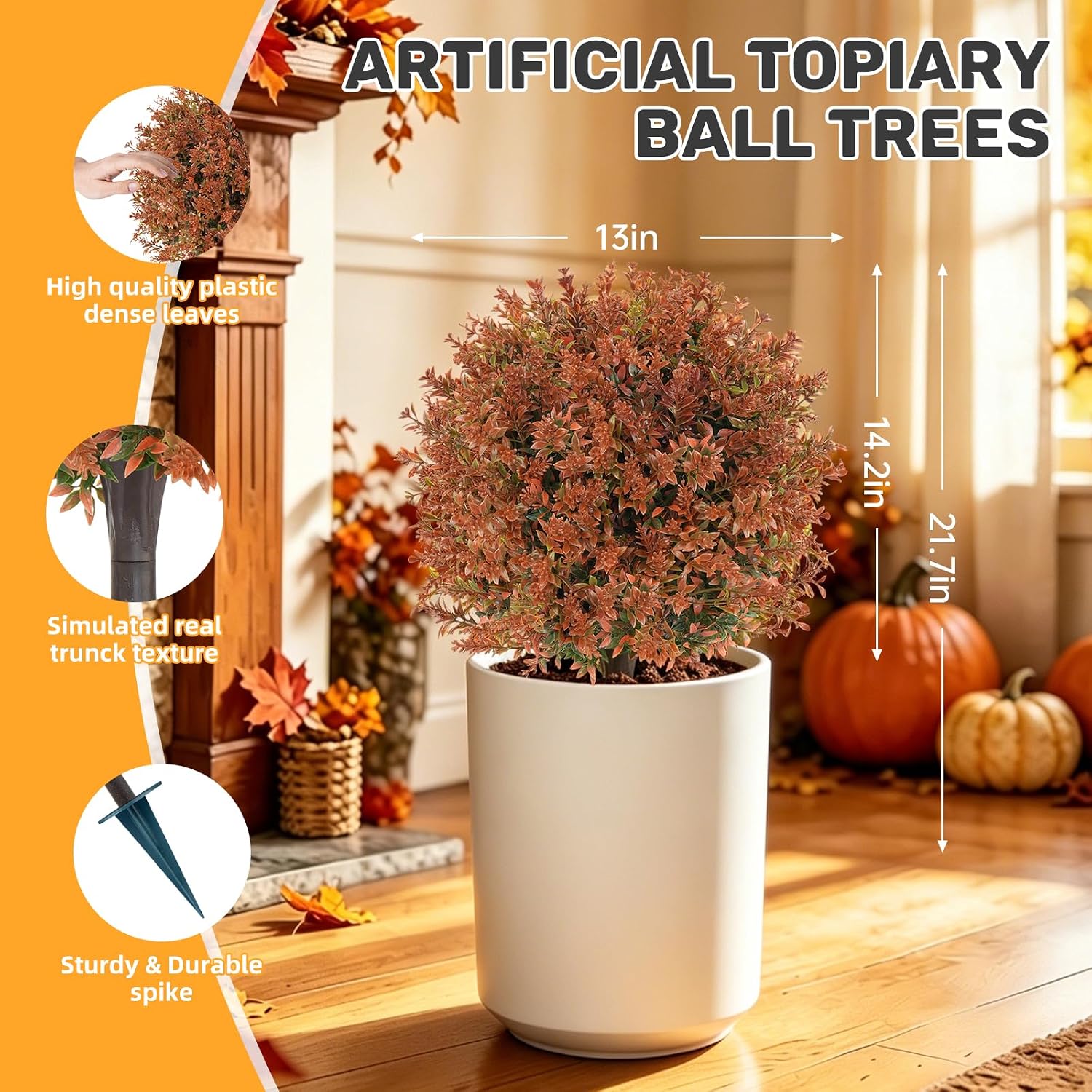2Pack Artificial Fall Lavender Topiary Ball Trees,UV Resistant | Fake Bushes Shrubs with Ground Spike, Autumn Faux