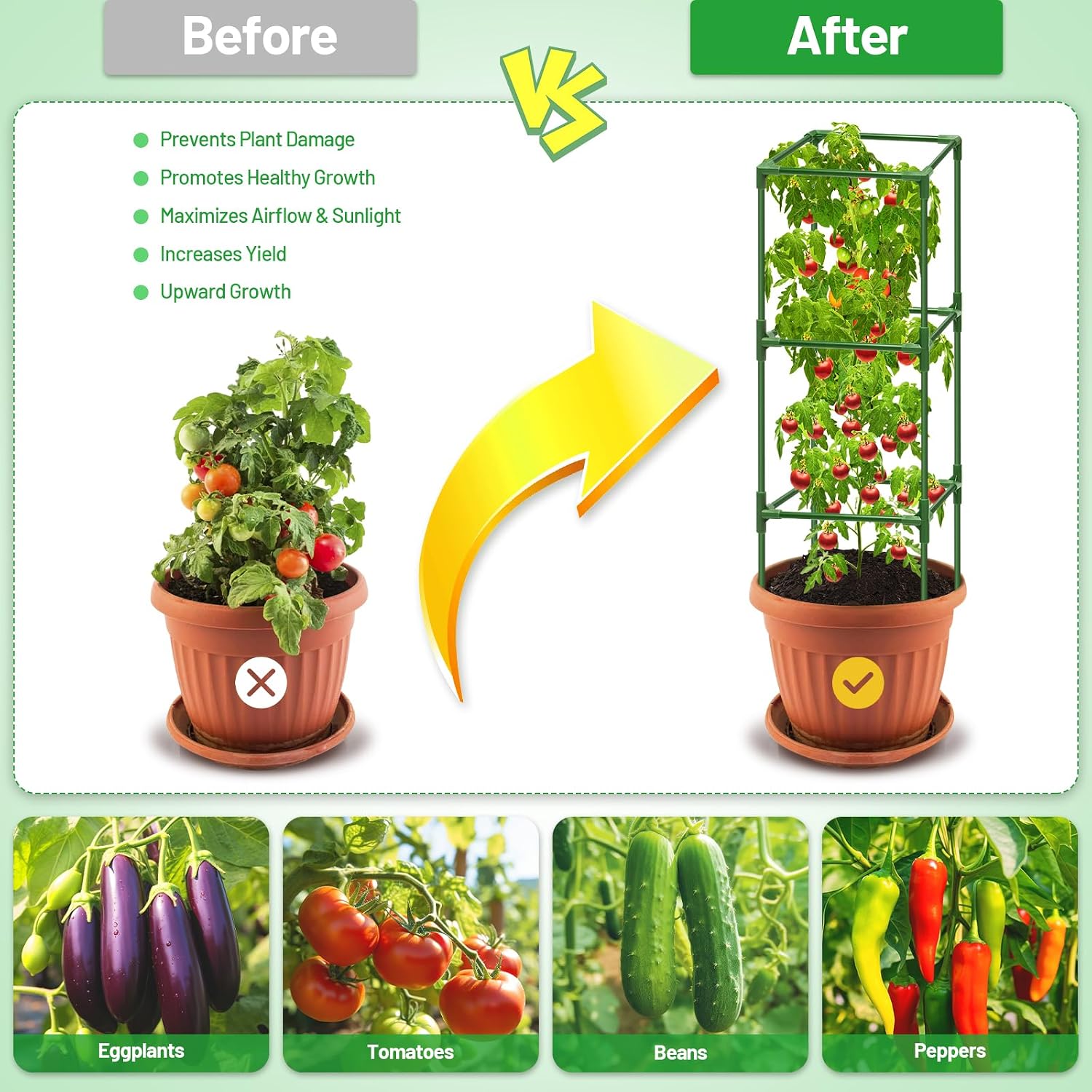 4 Pack 45 Inch Tomato Cages for Garden, Heavy Duty Tomato Trellis | Adjustable & Reusable Square Tomato Plant Support