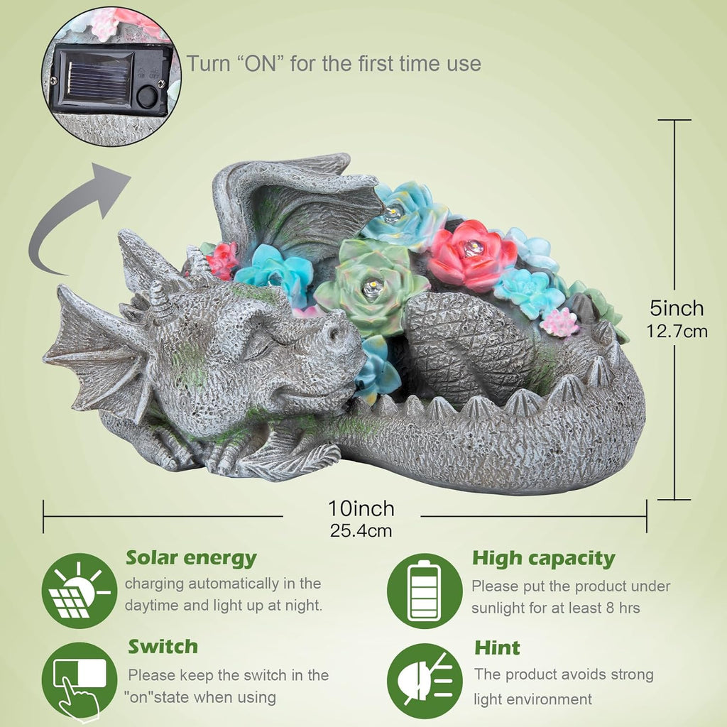 Solar Dragon Garden Statue, Sleeping Dragon with Solar Light Succulent | Coiled Dragon Figurine Solar Light, Waterproof