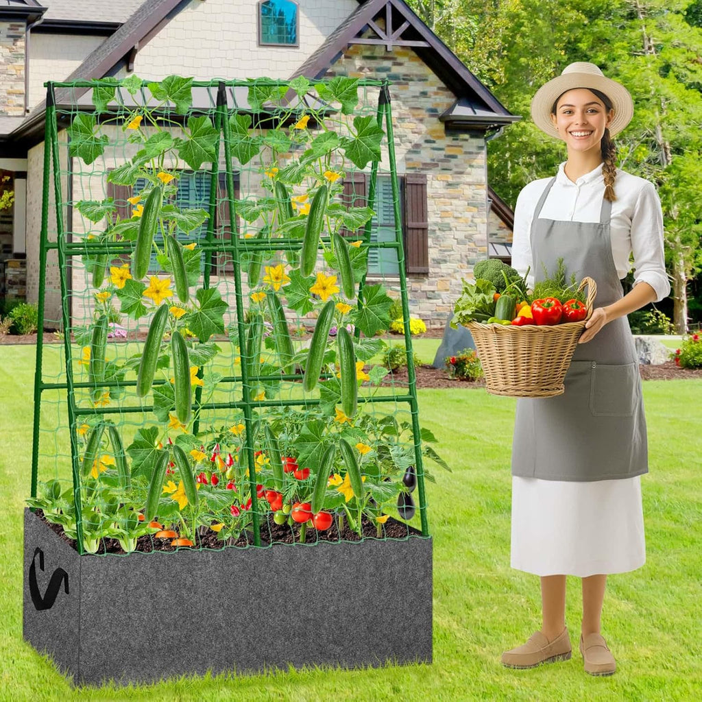 Cucumber Trellis with Grow Bag, 50 x 36 Inches Reusable Garden Vegetable Trellis with Fabric Raised Bed, Climbing Net