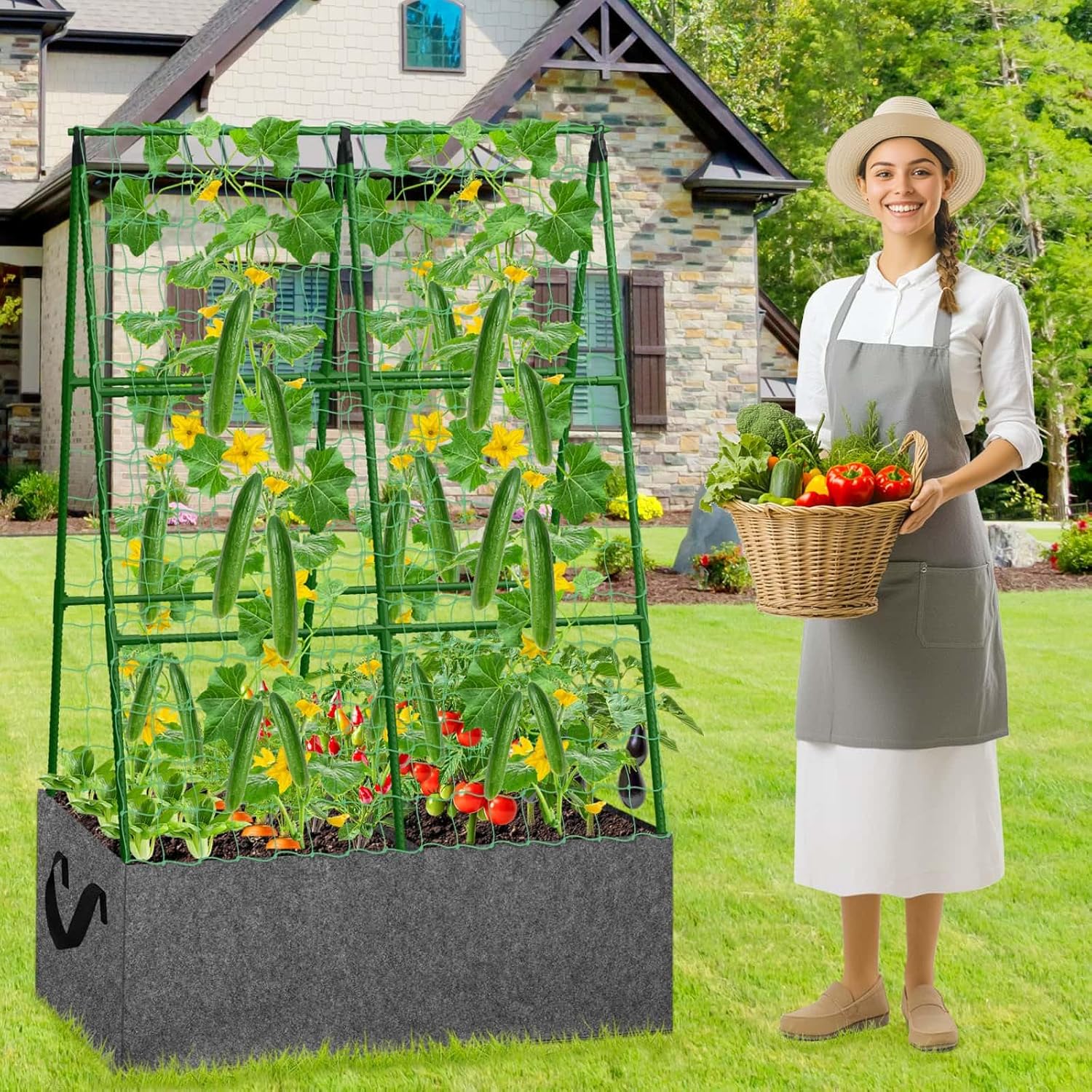 Cucumber Trellis with Grow Bag, 50 x 36 Inches Reusable Garden Vegetable Trellis with Fabric Raised Bed, Climbing Net
