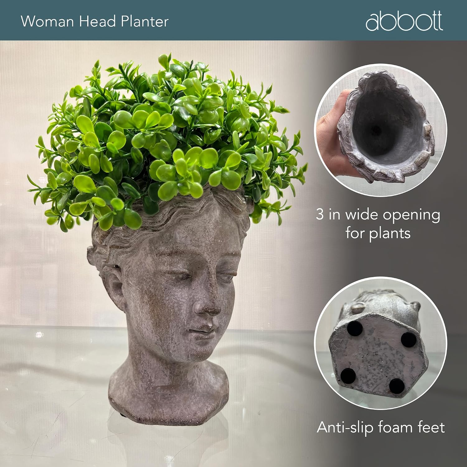 Abbott Collection Extra Small Woman Head Planter | Hand-Finished Greco-Roman Style, Cement, Gray, 6.5"H