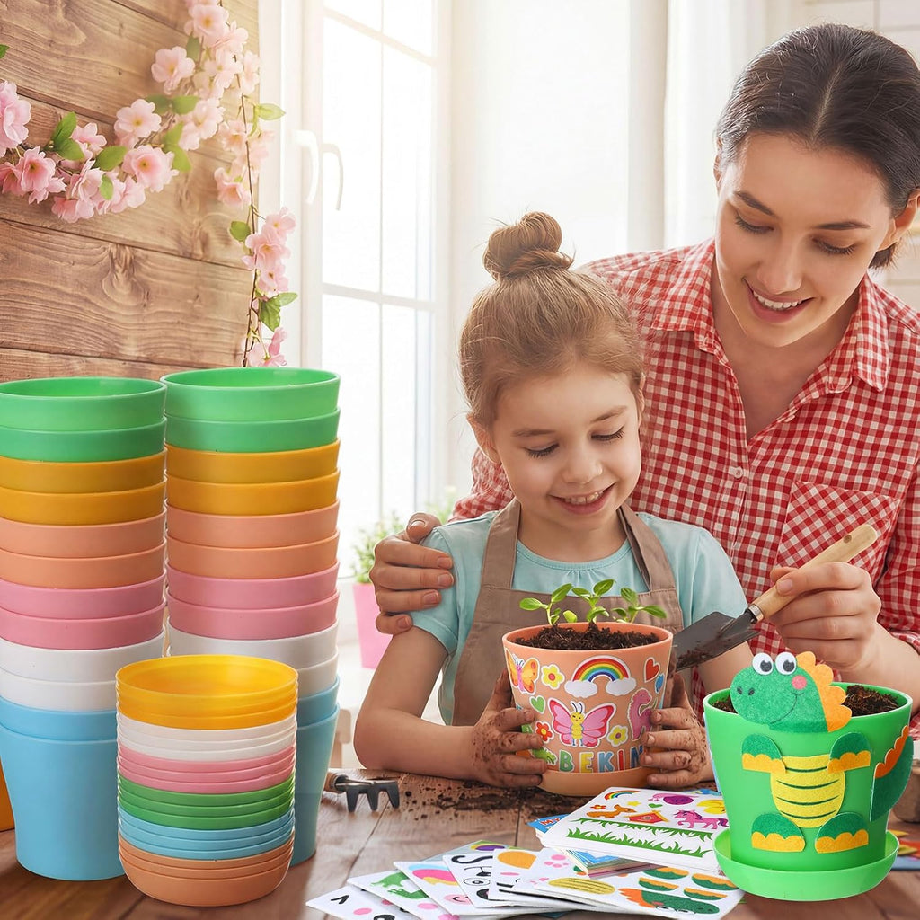 Capoda 24 Sets Garden Flower Pots Crafts Kit DIY Spring Plastic Seedling Nursery Pots with Stickers Plant Labels Growth