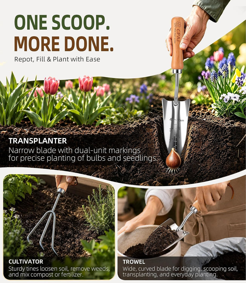 3-Piece Garden Tool Set, Stainless Steel Garden Trowel, Measurement Trowel and Hand Rake with Smooth Wooden Handles for