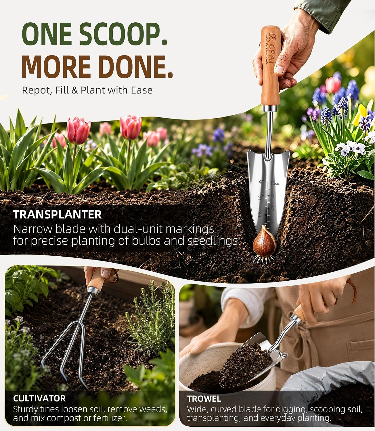 3-Piece Garden Tool Set, Stainless Steel Garden Trowel, Measurement Trowel and Hand Rake with Smooth Wooden Handles for