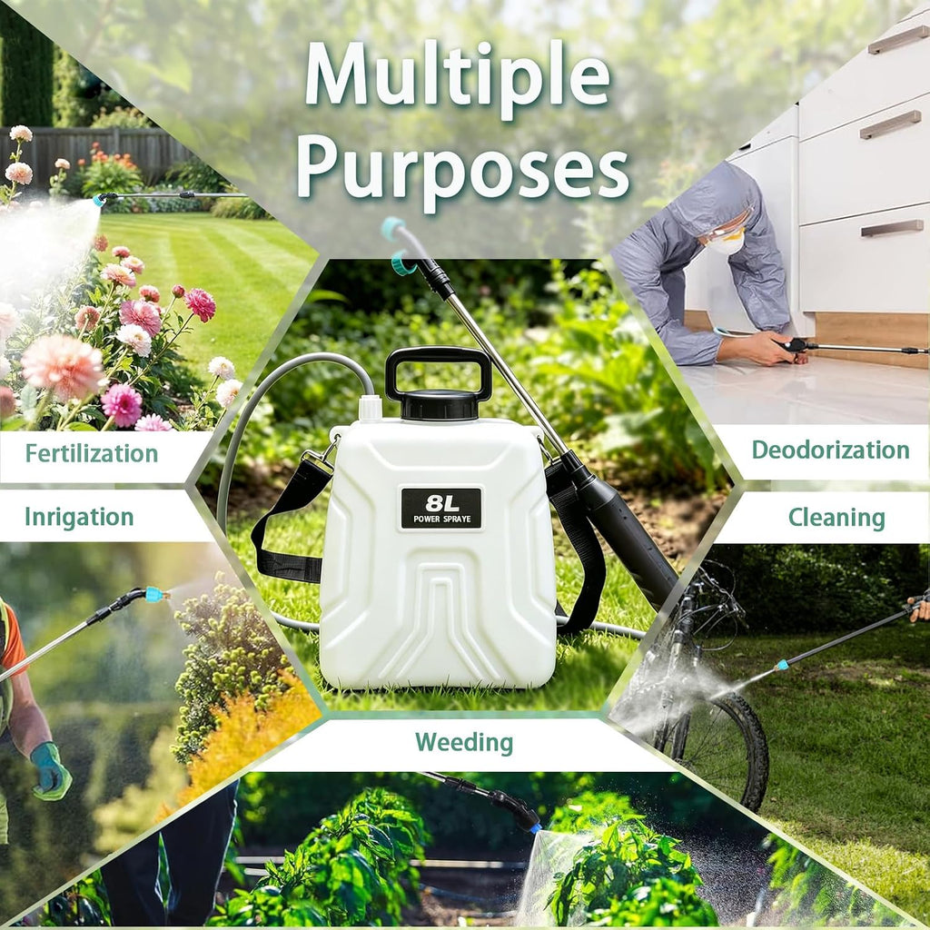 2 Gallon Battery Powered Sprayer, 2000mAh Electric Power White Continuous Battery Operated misting Retractable