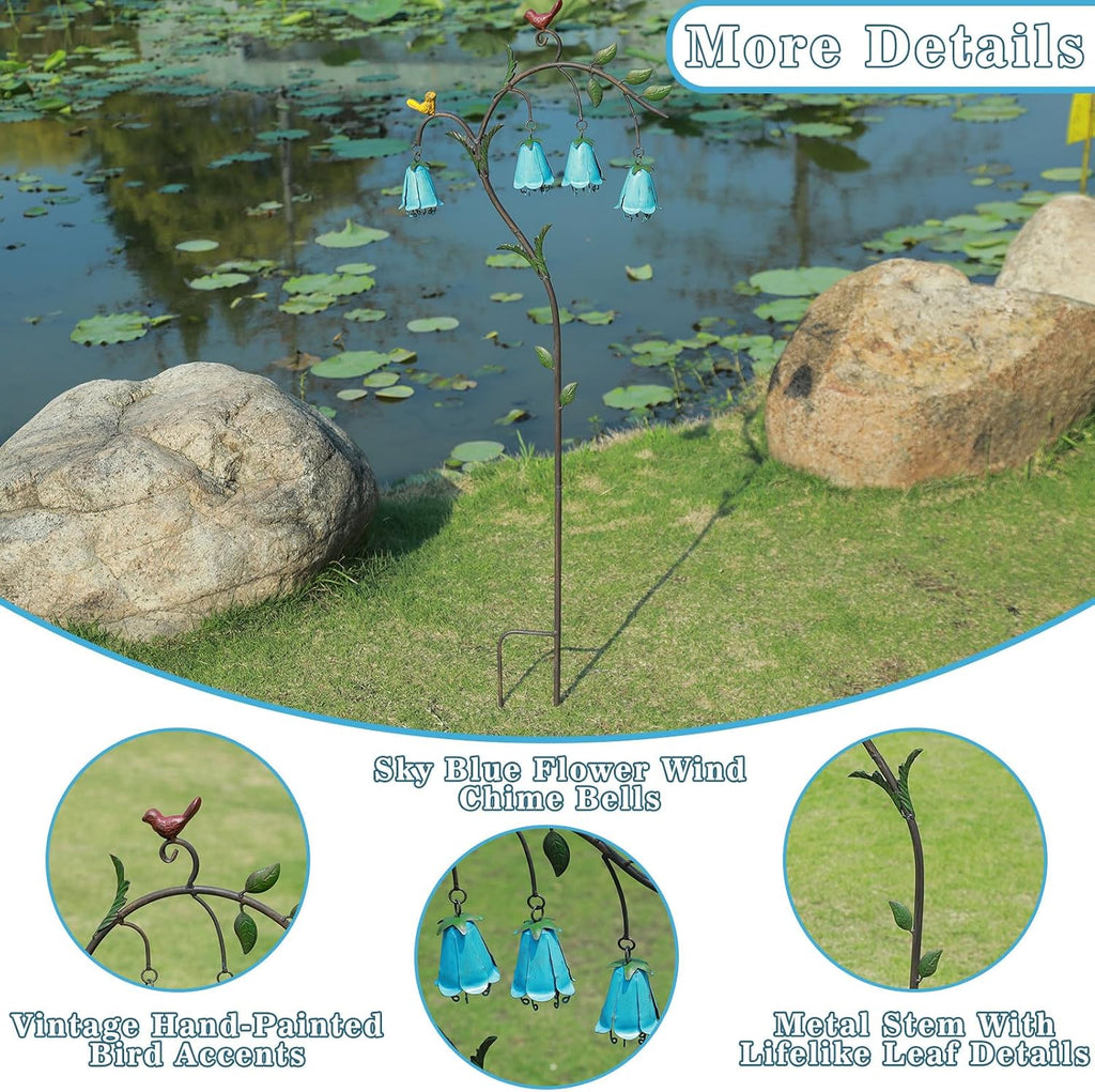 44.3"H Metal Decorative Garden Stake with Blue Bell Flowers & Birds | Metal Yard Art for Outdoor Yard Decor, Rustic