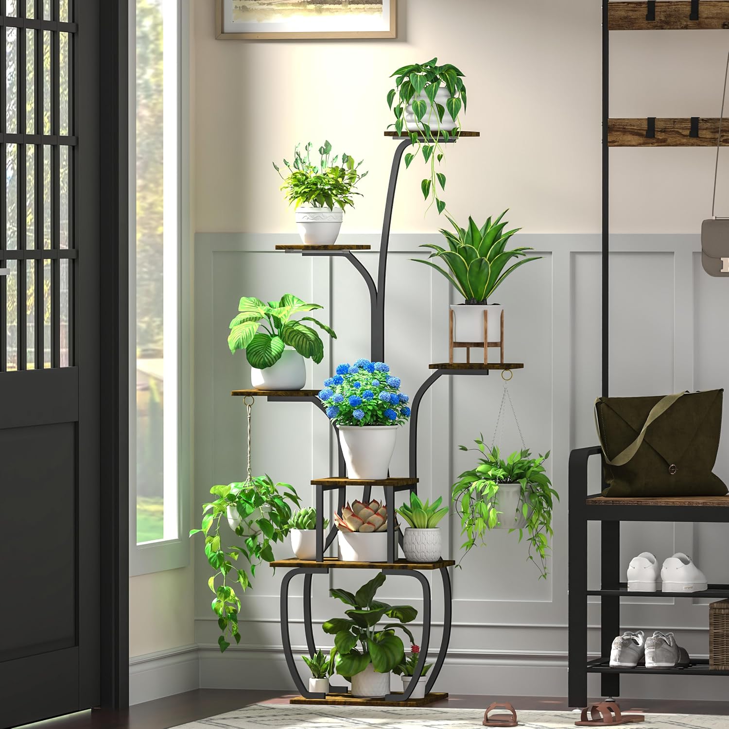 Plant Stand Indoor with Grow Lights, 7 Tiered 55" Tall Plant Shelf, Heavy Duty Metal Corner Flower Pot Holder Rack