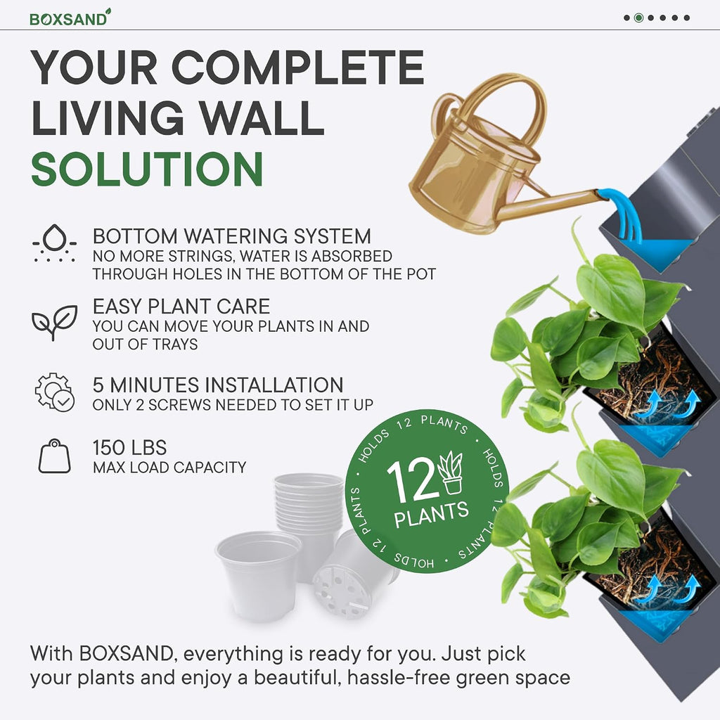 BOXSAND-12 Vertical Wall Planter (24"x26", Black with Black Pots) – Living Wall for 12 Plants, Indoor/Outdoor Vertical