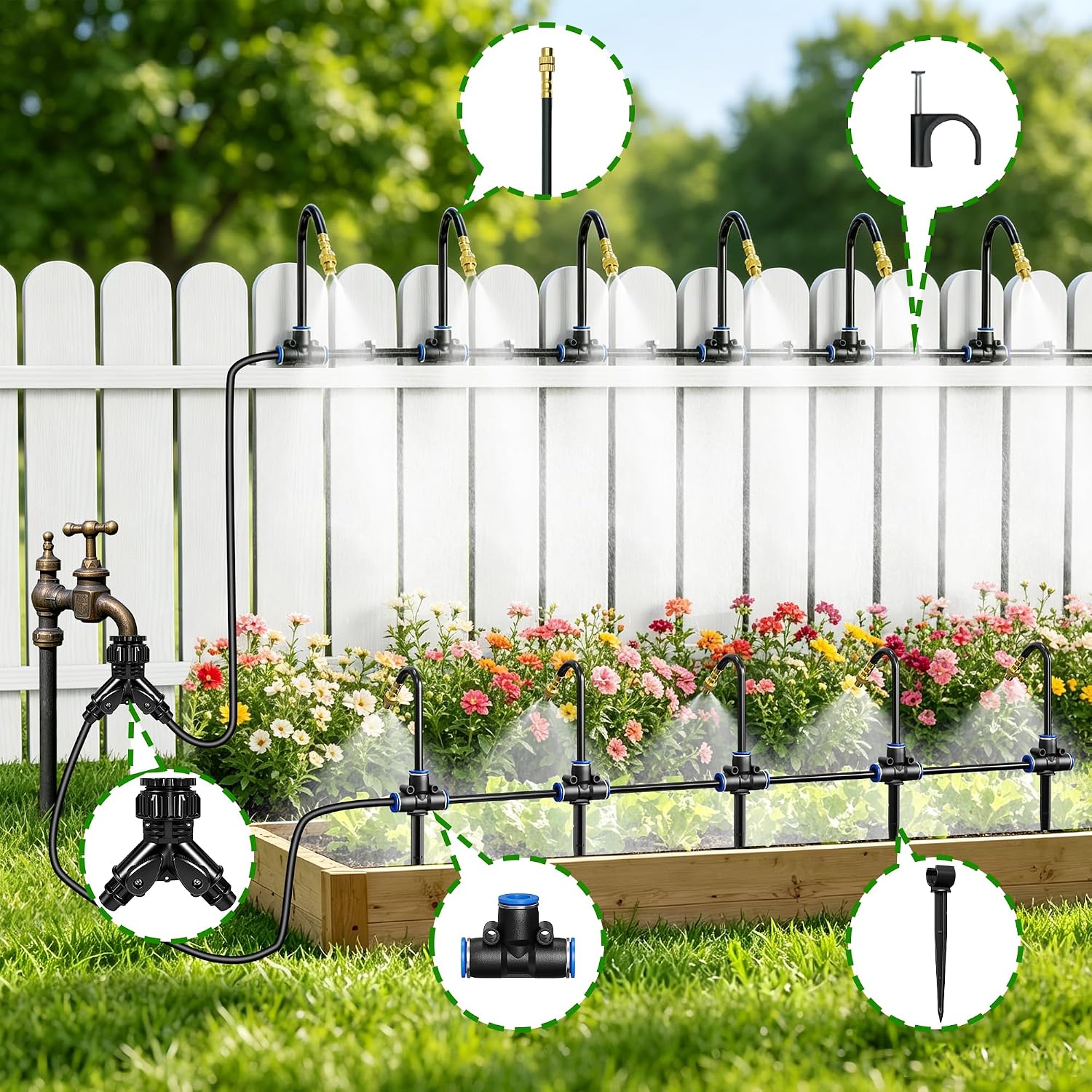 Thiswing 100 FT 360° Adjustable Irrigation System with Stake Holders | 1/4" Tubing, 16 Nozzles, Automatic Watering