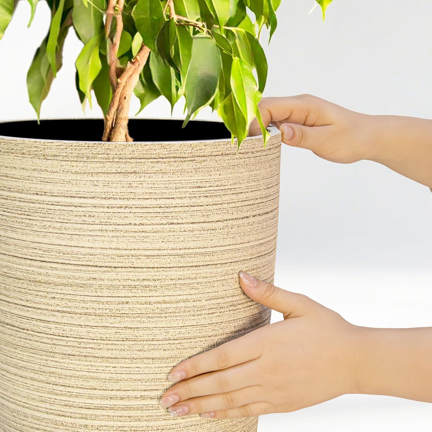 ZMTECH 4 Pack Plastic Planters 21/18/12/10in, Beige Faux Stone Finish Round Flower Pots with Drainage Holes & Saucers