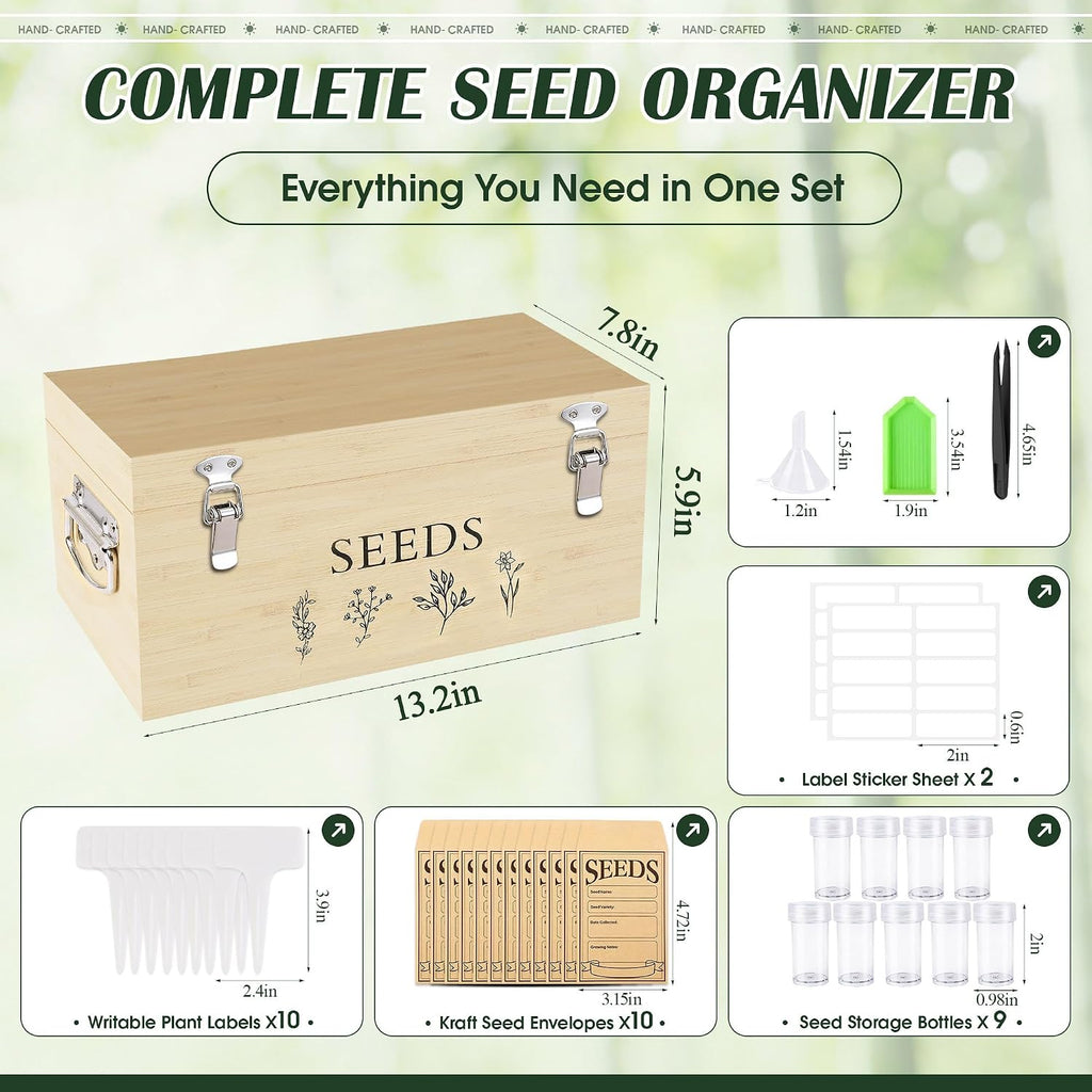 Bamboo Seed Storage Organizer, Large Garden Seed Organizer with Lid & Safety Lock & Handles, Seed Box Includes Seed