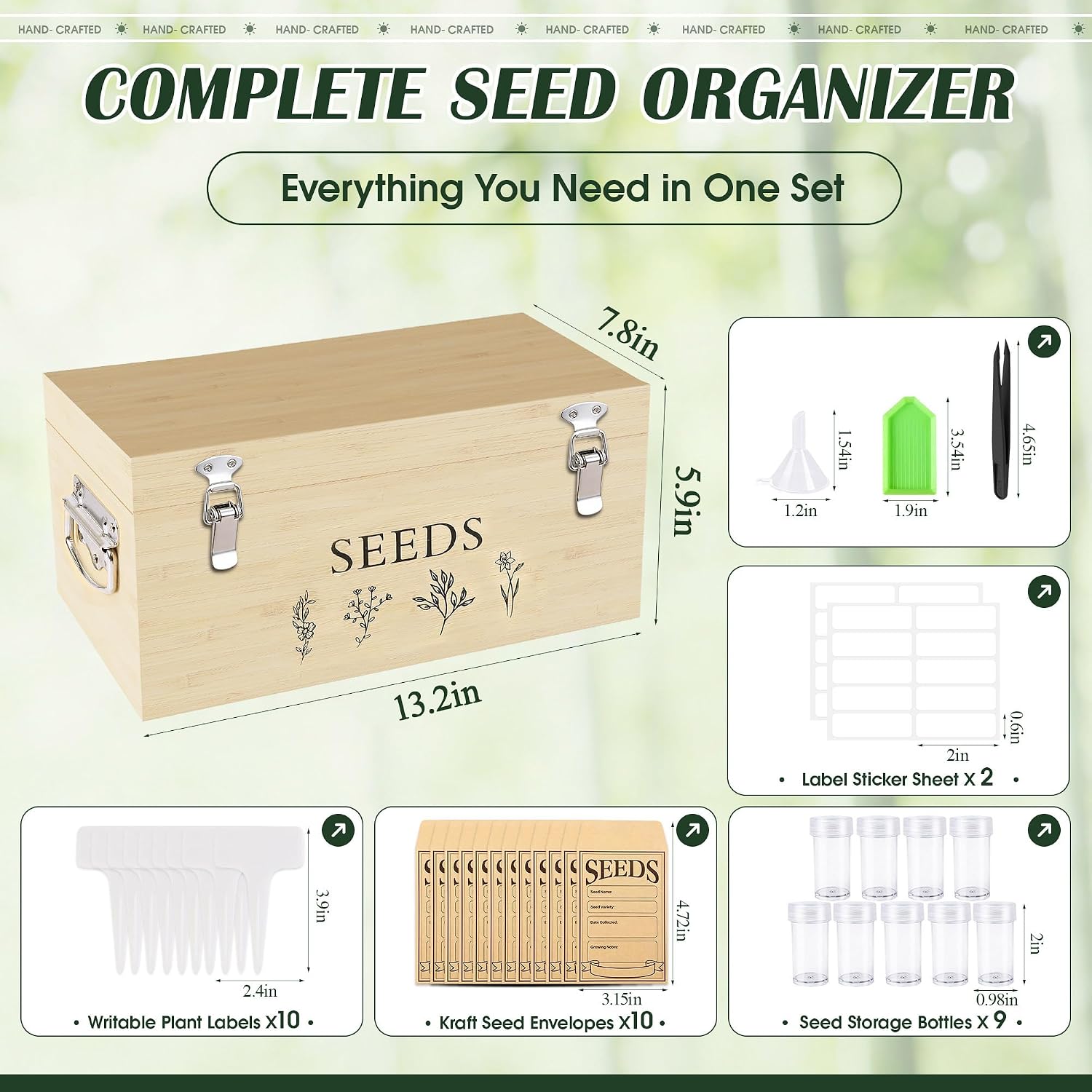 Bamboo Seed Storage Organizer, Large Garden Seed Organizer with Lid & Safety Lock & Handles, Seed Box Includes Seed