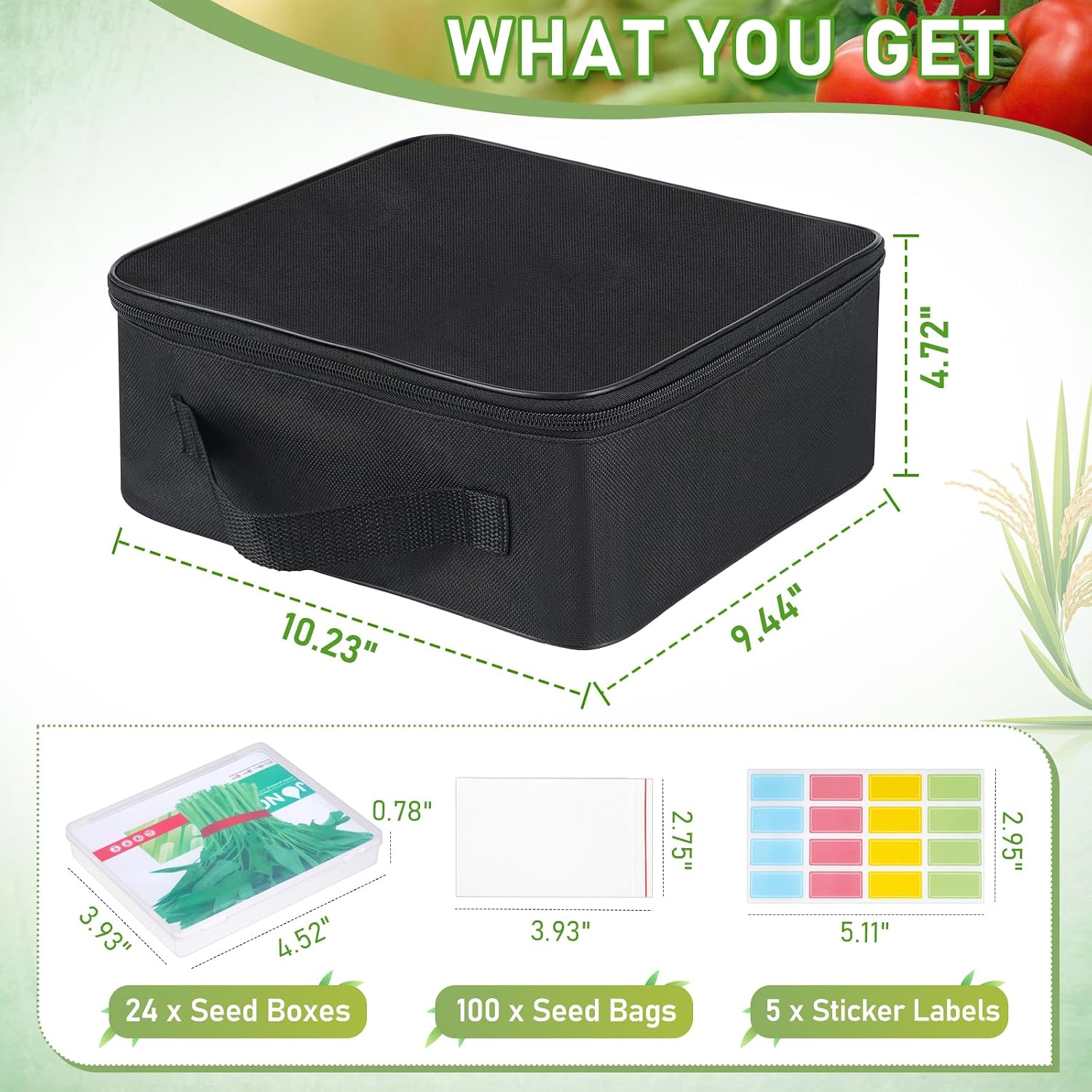 24 Slots Seed Storage Organizer Box with Dual Zipper Bag | 100 Pcs Seed Sealed Bag and 80 Pcs Label Stickers,Seed