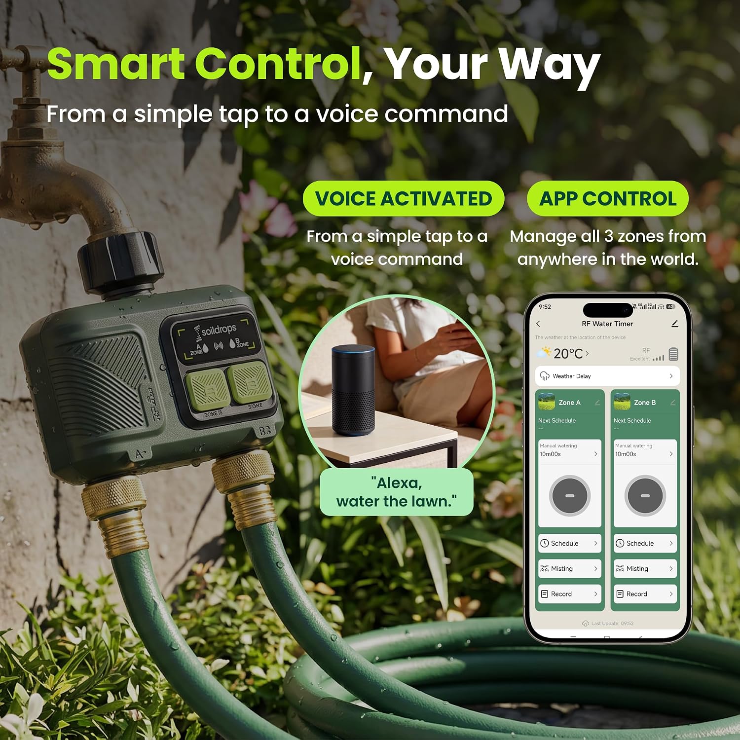WiFi Water Timer Smart Irrigation Controller with Gateway | 984ft RF range, 8-month battery life, weather delay, OTA