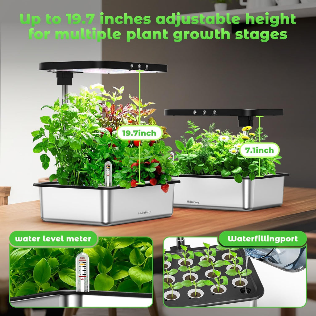 Stainless Steel Hydroponics Growing System kit Indoor Garden: 15 Pods Herb Garden with 24W Full Spectrum Grow Light