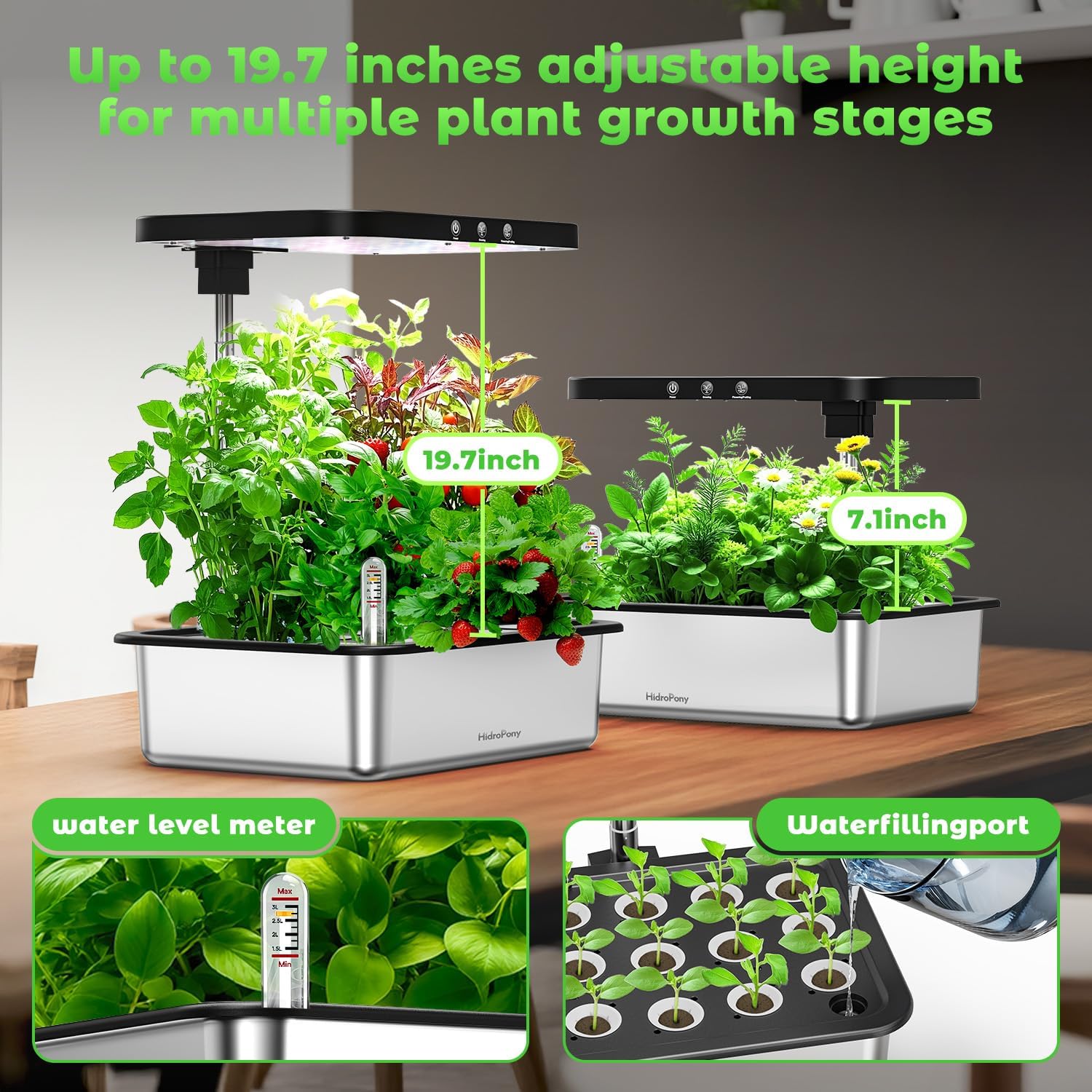 Stainless Steel Hydroponics Growing System kit Indoor Garden: 15 Pods Herb Garden with 24W Full Spectrum Grow Light