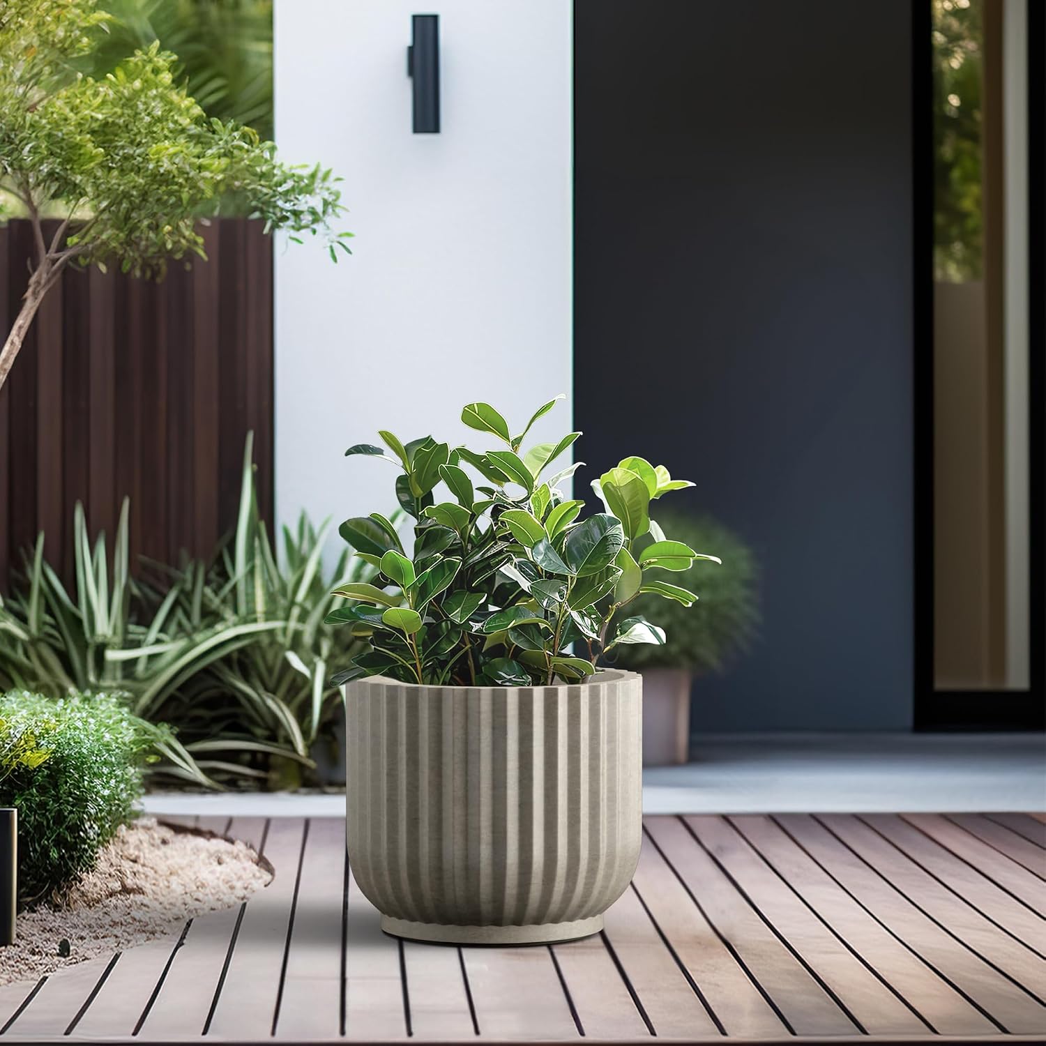 Kante Accent Round Pedestal Weathered Concrete Planter 14" Dia, Outdoor | Fluted, Rubber Plug for Indoor, Drainage for