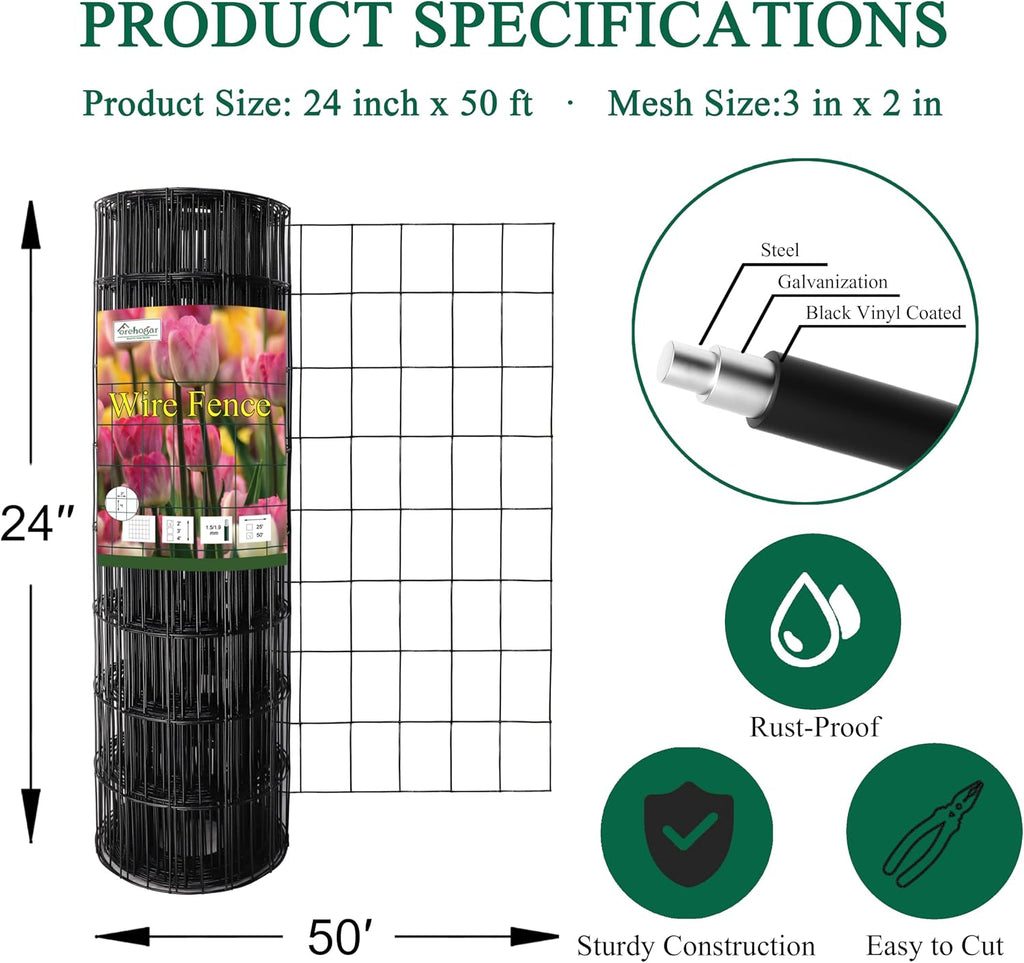 Black PVC Coated Welded Wire Fence 24" x 50' Roll, 2"x3" Mesh, 16 Gauge | Vinyl Coated Garden Fencing, Yard & Pet