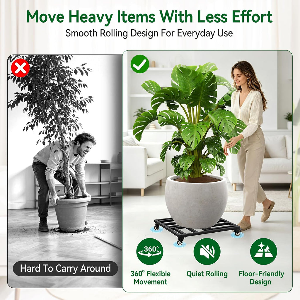 20" Plant Caddy with Wheels, Rolling Metal Plant Stand Holds up to 600 lbs, Square Plant Dolly with Lockable Caster