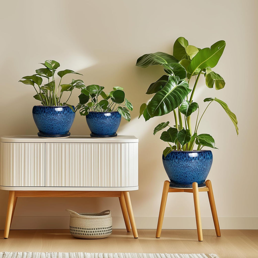 10 Inch Plant Pot, Ceramic Planter with Drainage and Saucer, Blue | Round Planters for Indoor Plants, Modern Planter