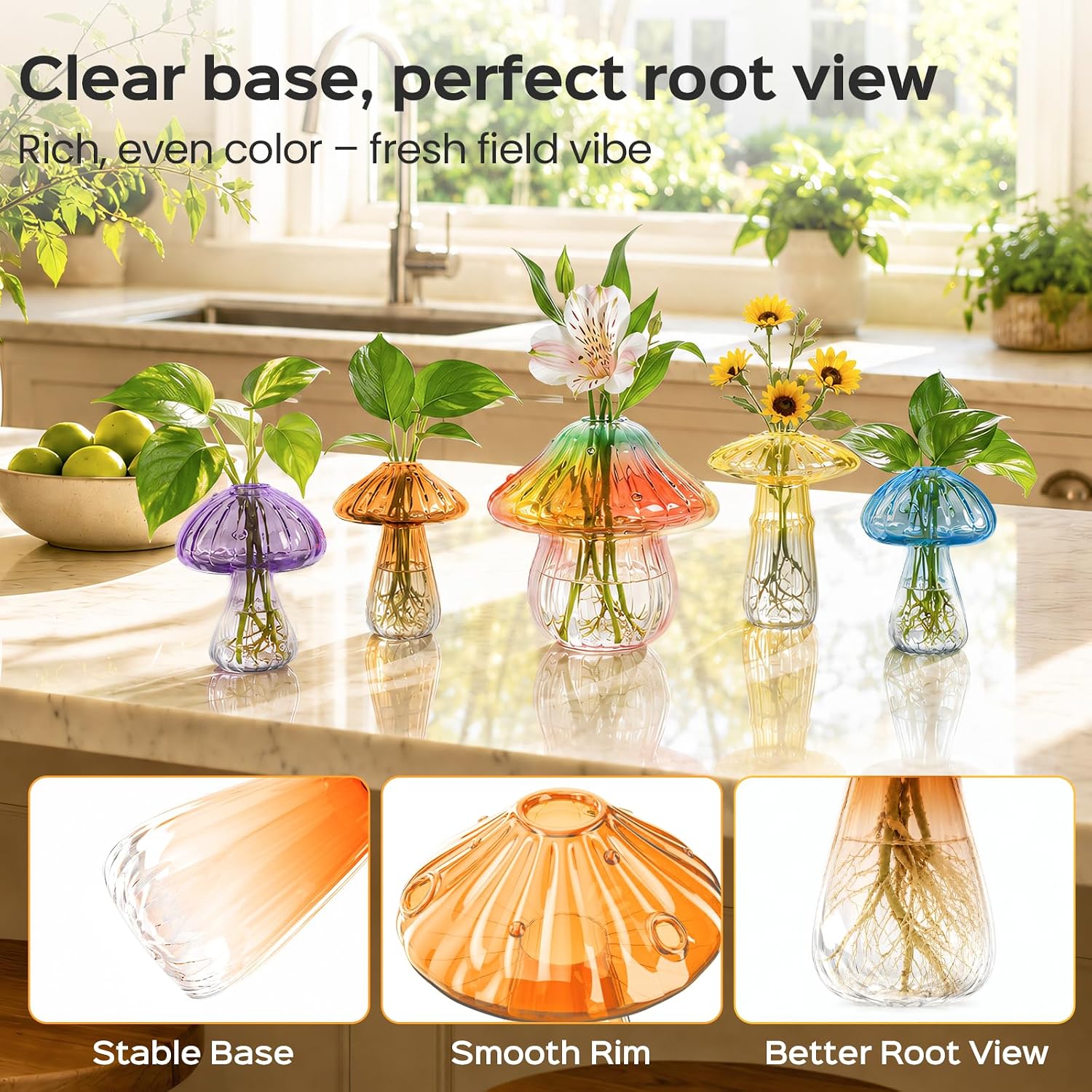 5Pcs Mushroom Propagation, Borosilicate Glass Vases, 6kg Suction Cups | Handcrafted 2.6mm thick glass|5 unique colors