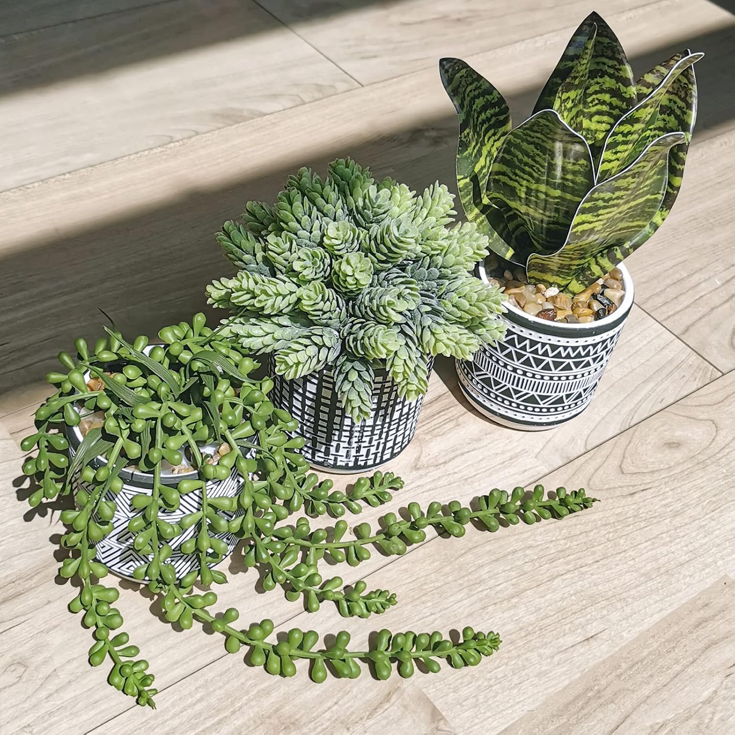 Winlyn 3 Pcs Small Potted Plants Artificial Succulents Hanging Plants and Faux Tropical Snake Plant in Black Geometric
