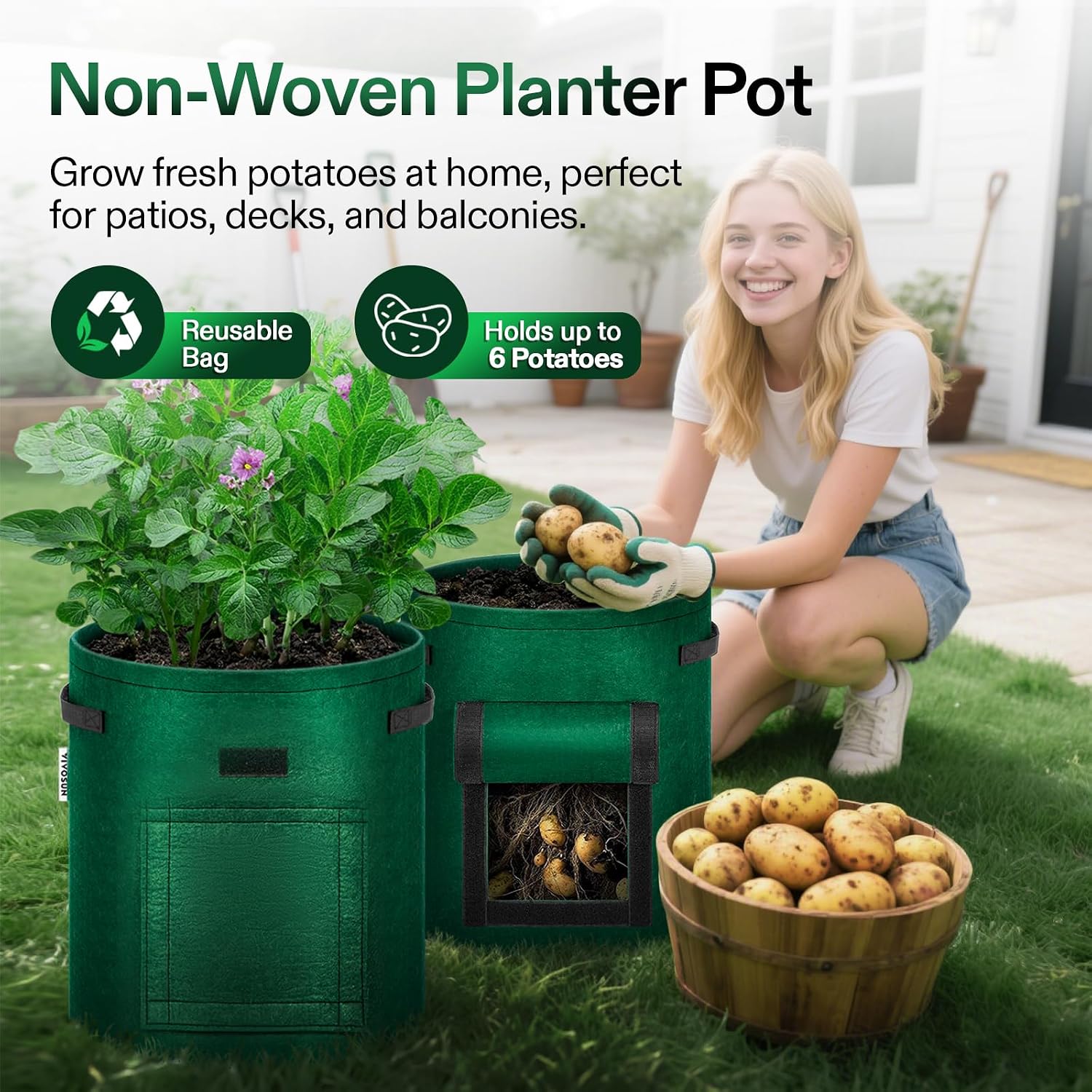 VIVOSUN 5-Pack 10 Gallon Potato Grow Bags, Roll-up Harvest Window | Easy Potato Harvesting, 300G Thick Nonwoven Fabric