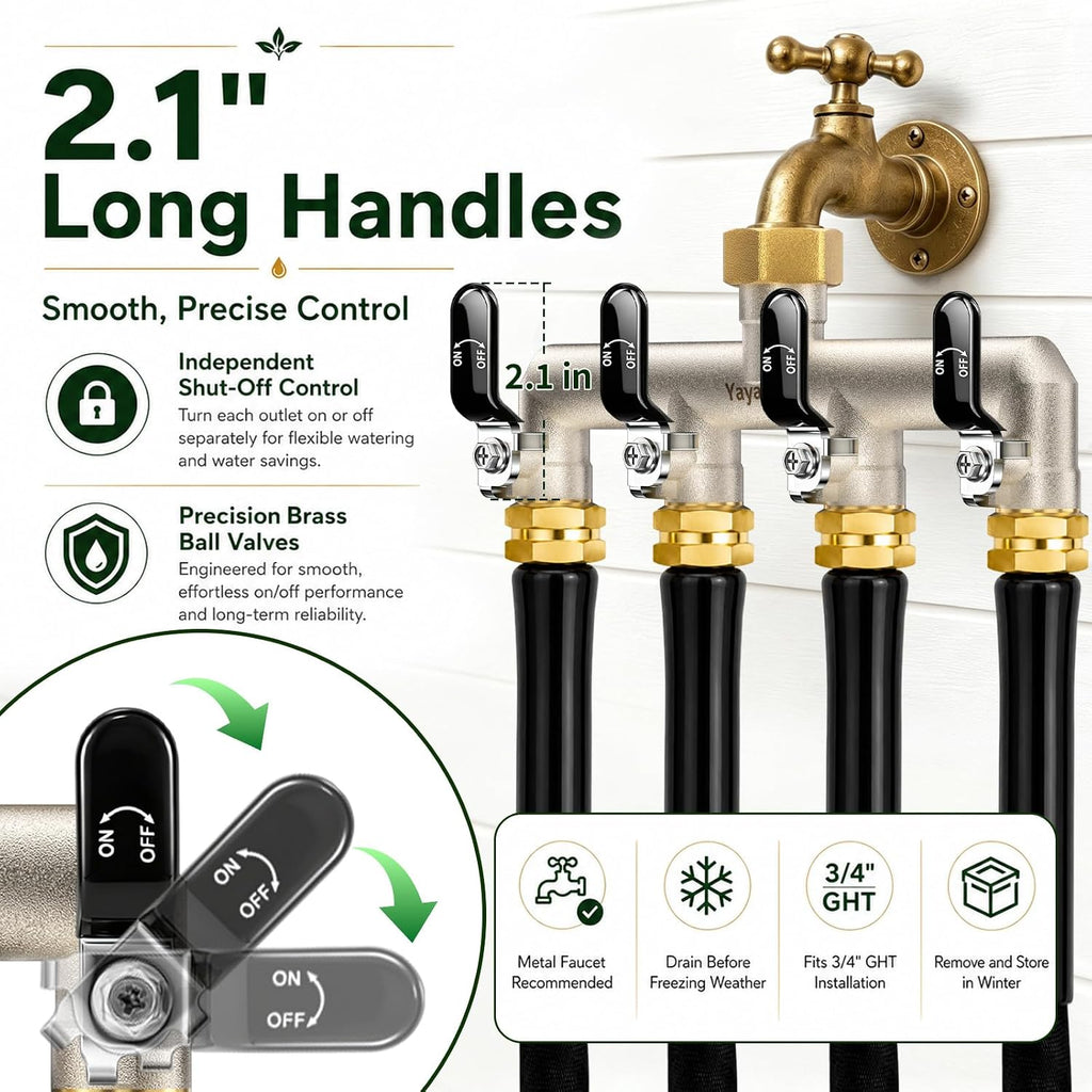 4 Way Garden Hose Splitter, 3/4" GHT Outdoor Faucet Splitter | Heavy-duty Solid Brass Body, Wide Spacing Fits Large