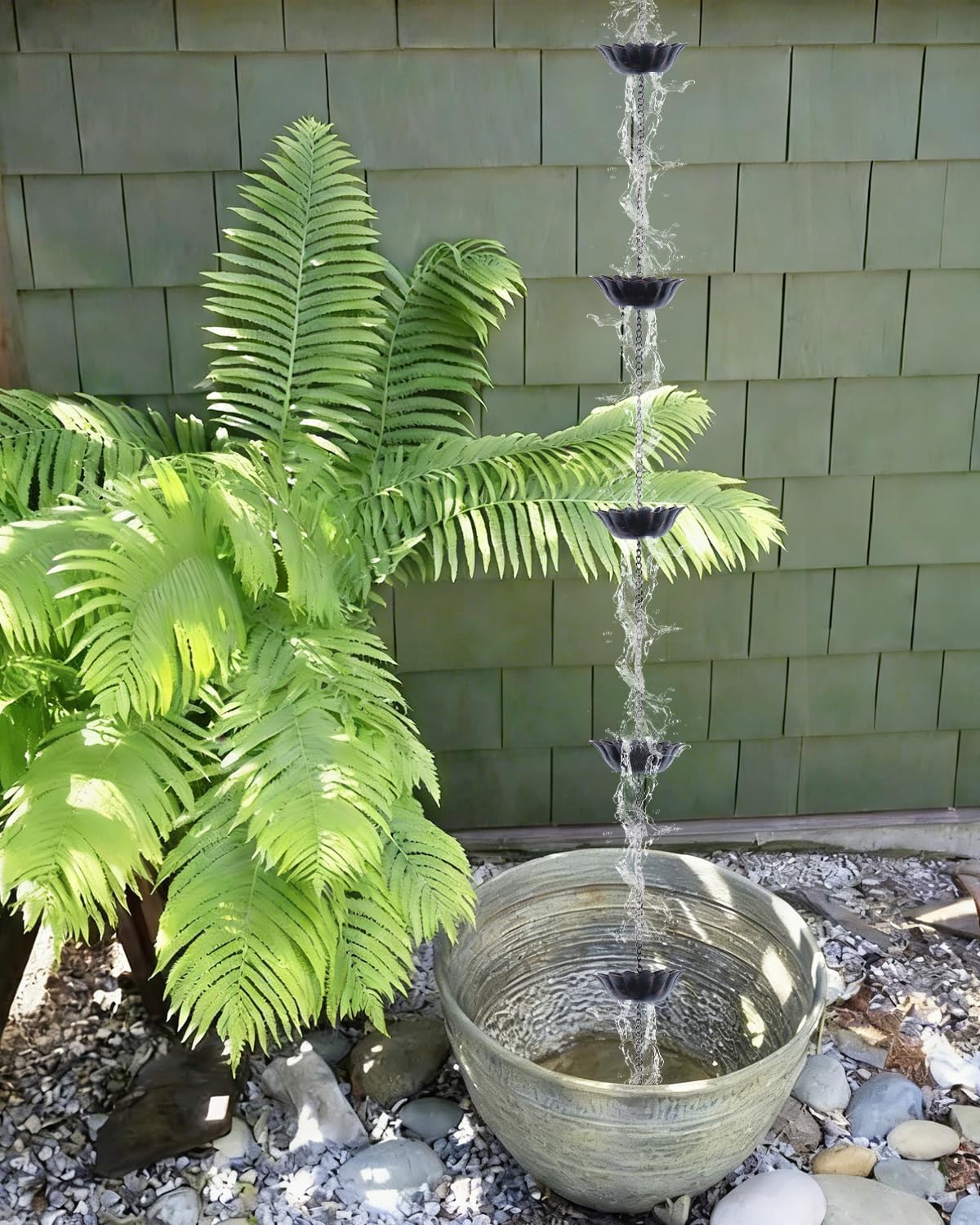 hogardeck 8.5FT Rain Chain with 12 Cups for Gutters Outside, Decorative Metal Rain Catcher with Adapter, Stake & Bell