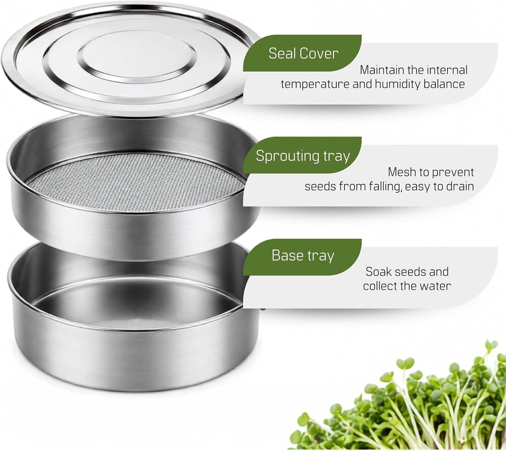 6'' Stainless Steel Sprouting Tray – Round 2-Tier Seed Gardening Planter Tray for Microgreens Broccoli Sprouts Growing