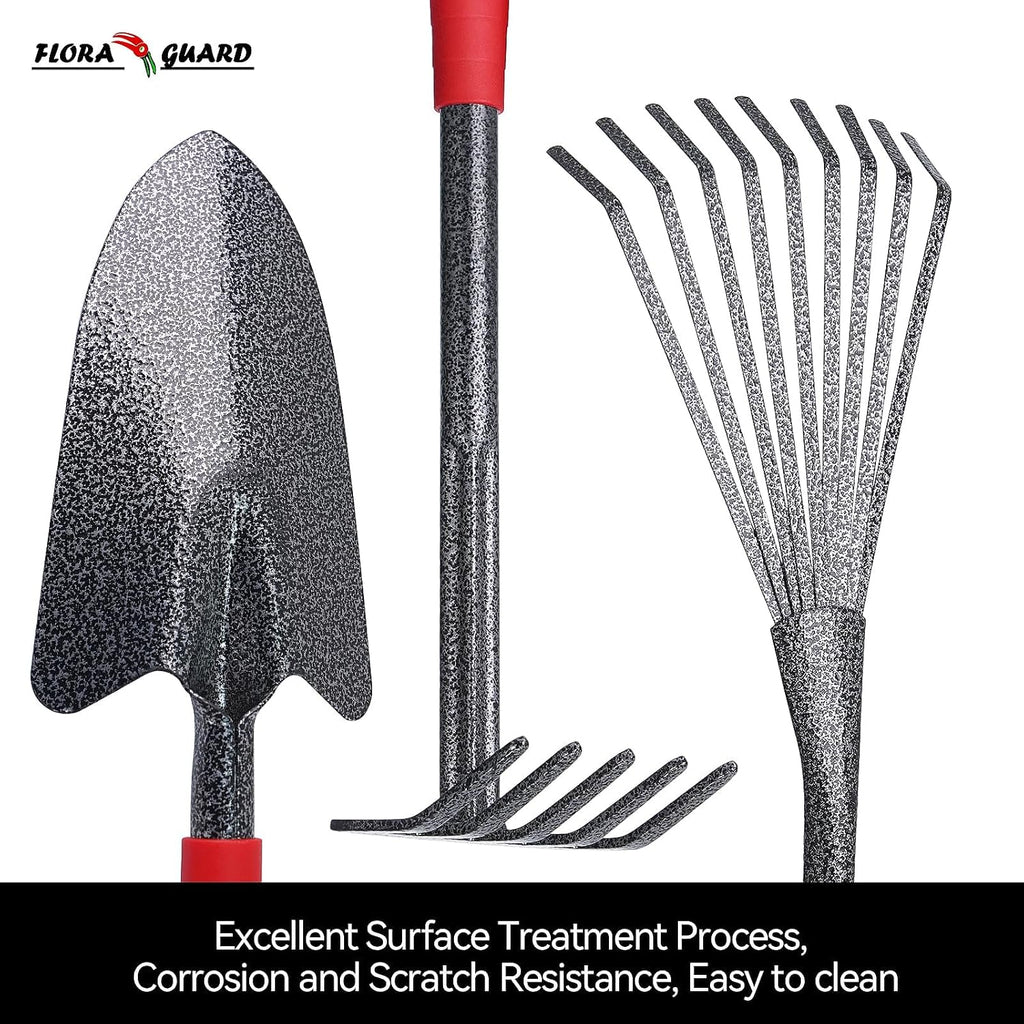 FLORA GUARD 6-Piece Garden Tool Set | Heavy Duty Gardening Hand Tools with High Carbon Steel Including Trowel, Rakes
