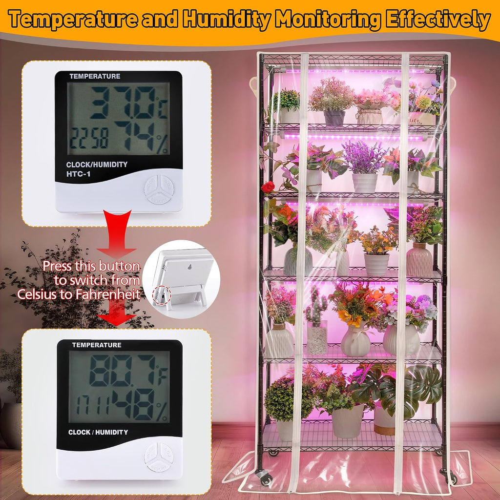 Meonum Indoor Greenhouse with Grow Lights, 6 Tier Metal Plant Shelf with Cover (30" x 13.8" x 70.8"), 5 Pack Full