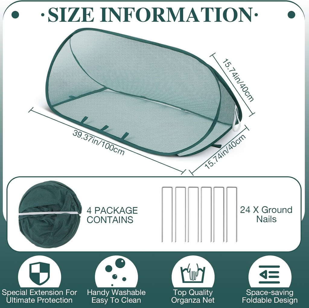 4 Sets 39" x 15" x 15" Pop up Garden Mesh Plant Cover Garden Rows Plants Cover with 24 Pcs Ground Nails Foldable