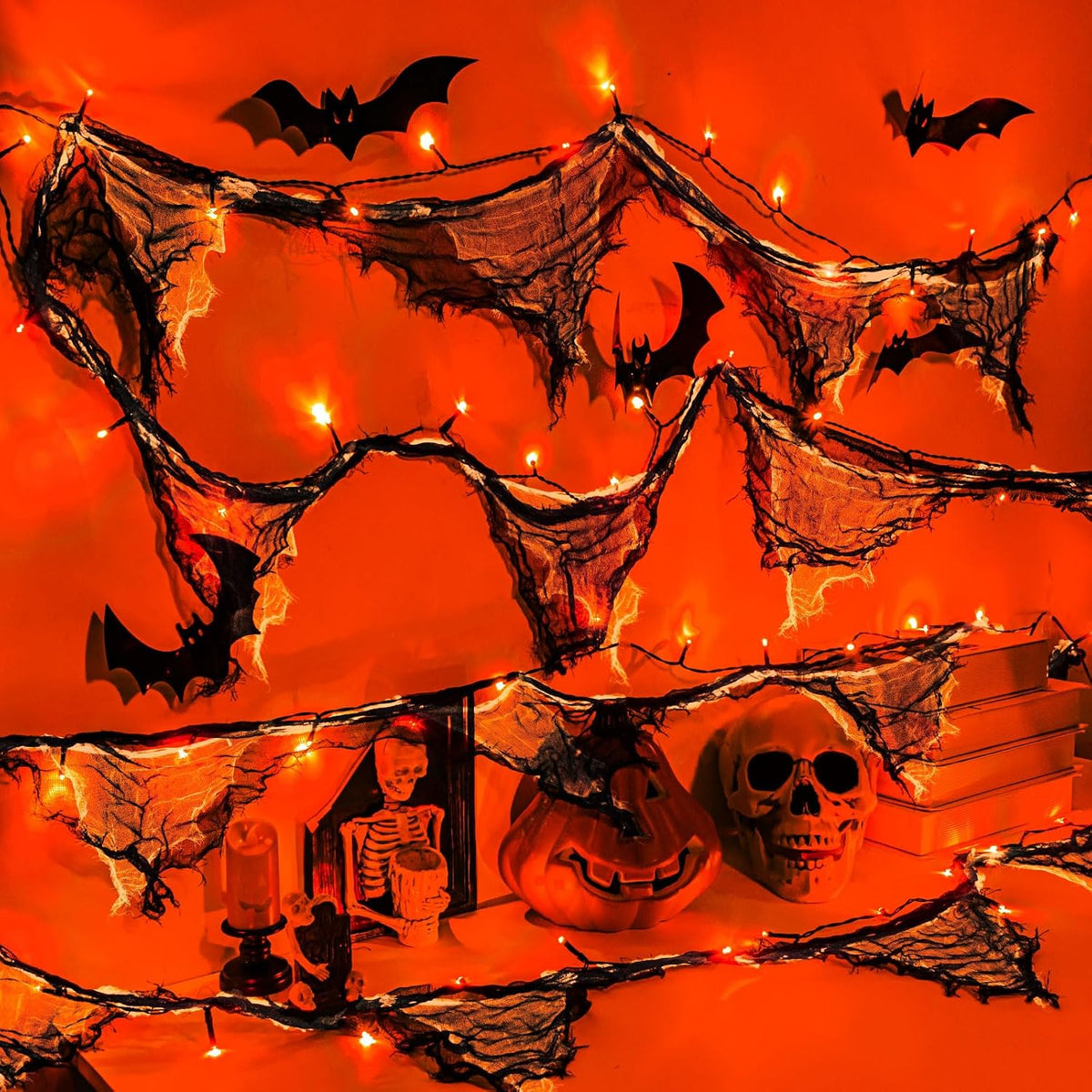 cshare Halloween Lights Battery Operated or USB, Creepy Cloth String Lights with Timer Waterproof 9.8ft 30LED Orange String Lights Halloween Decortions for Fireplace Window Door Mirror
