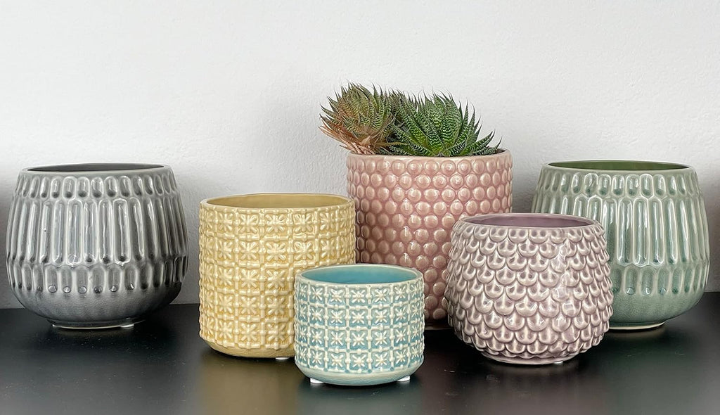 Nordring Stoneware Flower Pot – 6’’ Sky Blue Planter with Polka Dots – Modern Ceramic Pot with Crackle Glaze – No