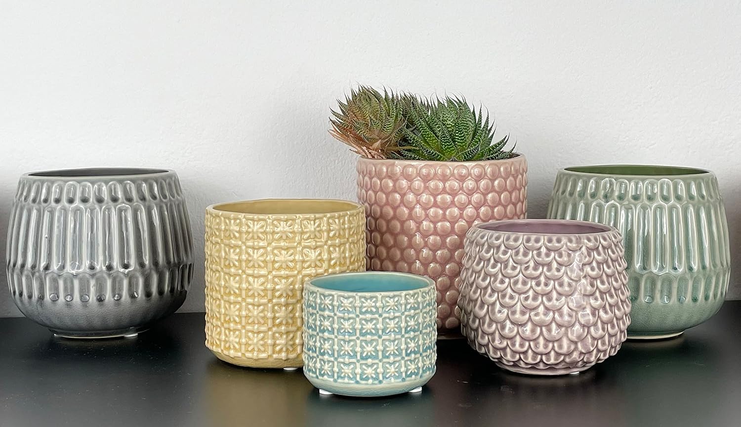 Nordring Stoneware Flower Pot – 6’’ Sky Blue Planter with Polka Dots – Modern Ceramic Pot with Crackle Glaze – No