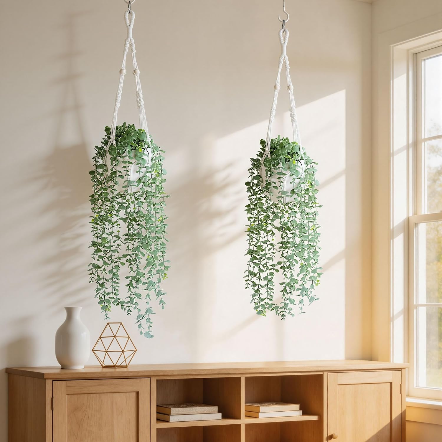 DREAMLOOM 2 Packs Fake Hanging Plants with Pots, Artificial Eucalyptus Hanging Plants with Macrame Hanger for Indoor
