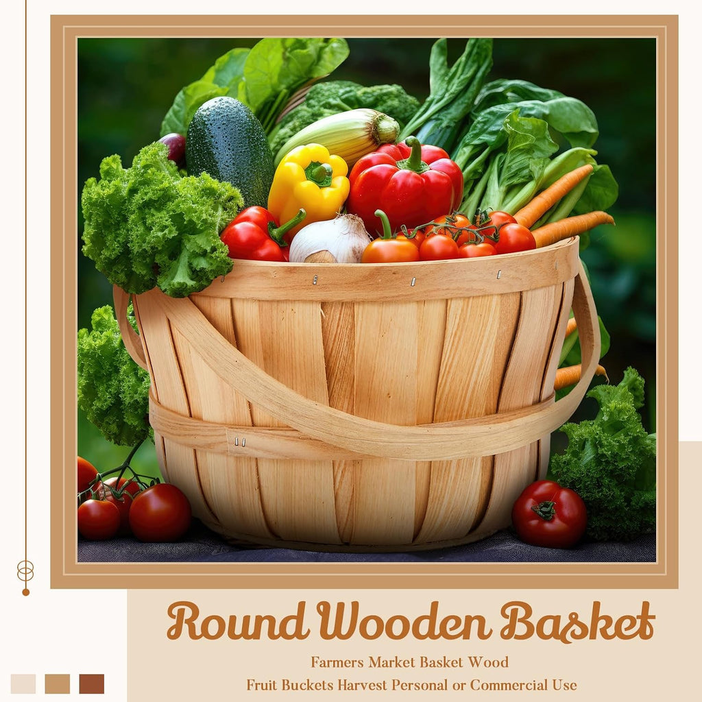 Marsui 10 Pcs Large Wooden Apple Basket 11 x 6.5'' Round Wicker Bushel Baskets with Handle, Farmers Market Basket for