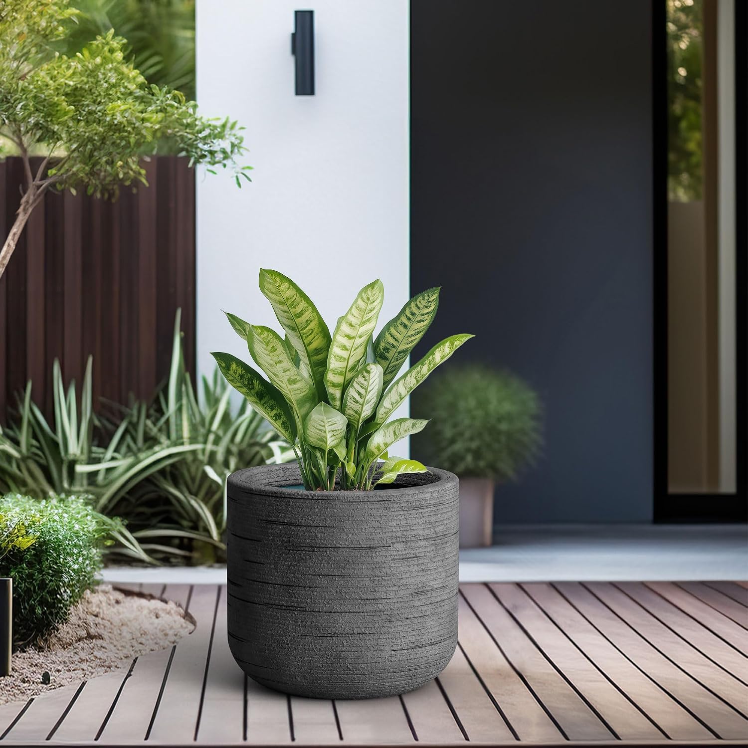 Kante Large Round Capsule Dark Gray Concrete Planter 13.8" Dia, Outdoor | Rubber Plug for Indoor, Drainage for Garden