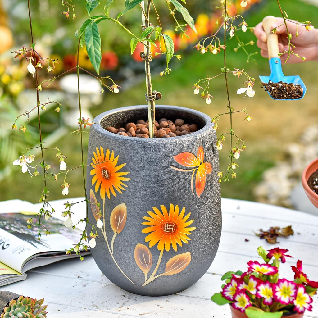 Sungmor 10.6 Inch Hand Painted Ceramic Succulent Plant Pot - Dark Grey | Textured Decorative Pottery Planter with