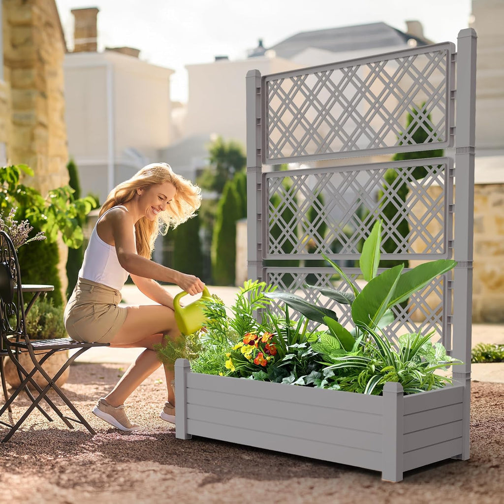 Raised Garden Bed with Trellis for Climbing Plants, Raised Herb Garden Bed with Drainage Plug & Water Level Gauge
