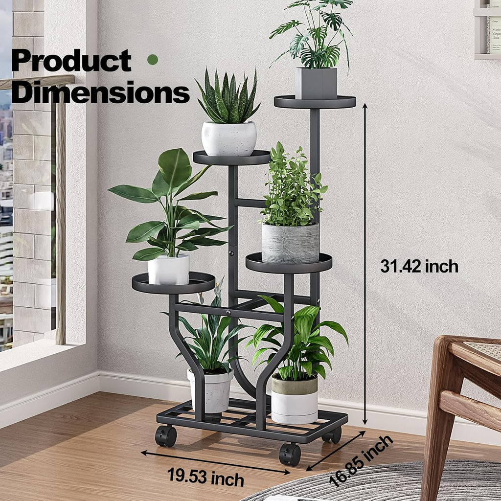 Plant Stand with Wheels, Black 4 Tier Metal Plant Shelf for Indoor Outdoor | Corner Plants Stand Indoor for Bedroom
